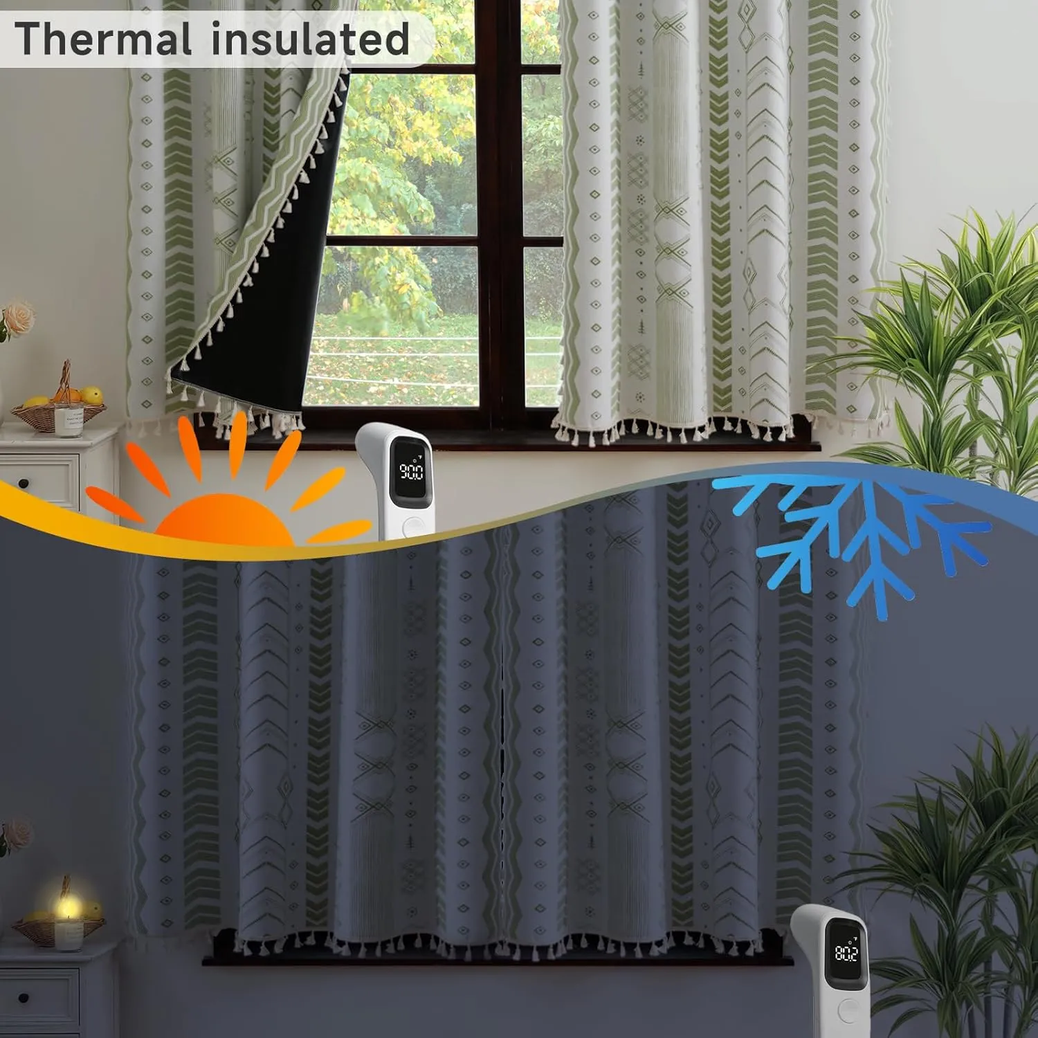 ColorBird 100% Blackout Boho Curtains 2 Panels 63 Inch Length Sage Green Thermal Insulated Southwest Window Treatment Patterned Western Black Out Curtain Drapes for Living Room Bedroom
