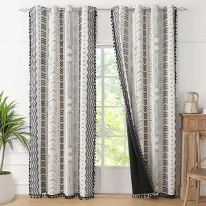 ColorBird 100% Boho Blackout Curtains 2 Panels 63 Inch Black White Western Southwest Linen Texture Thermal Black Out Curtain for Living Room Bedroom