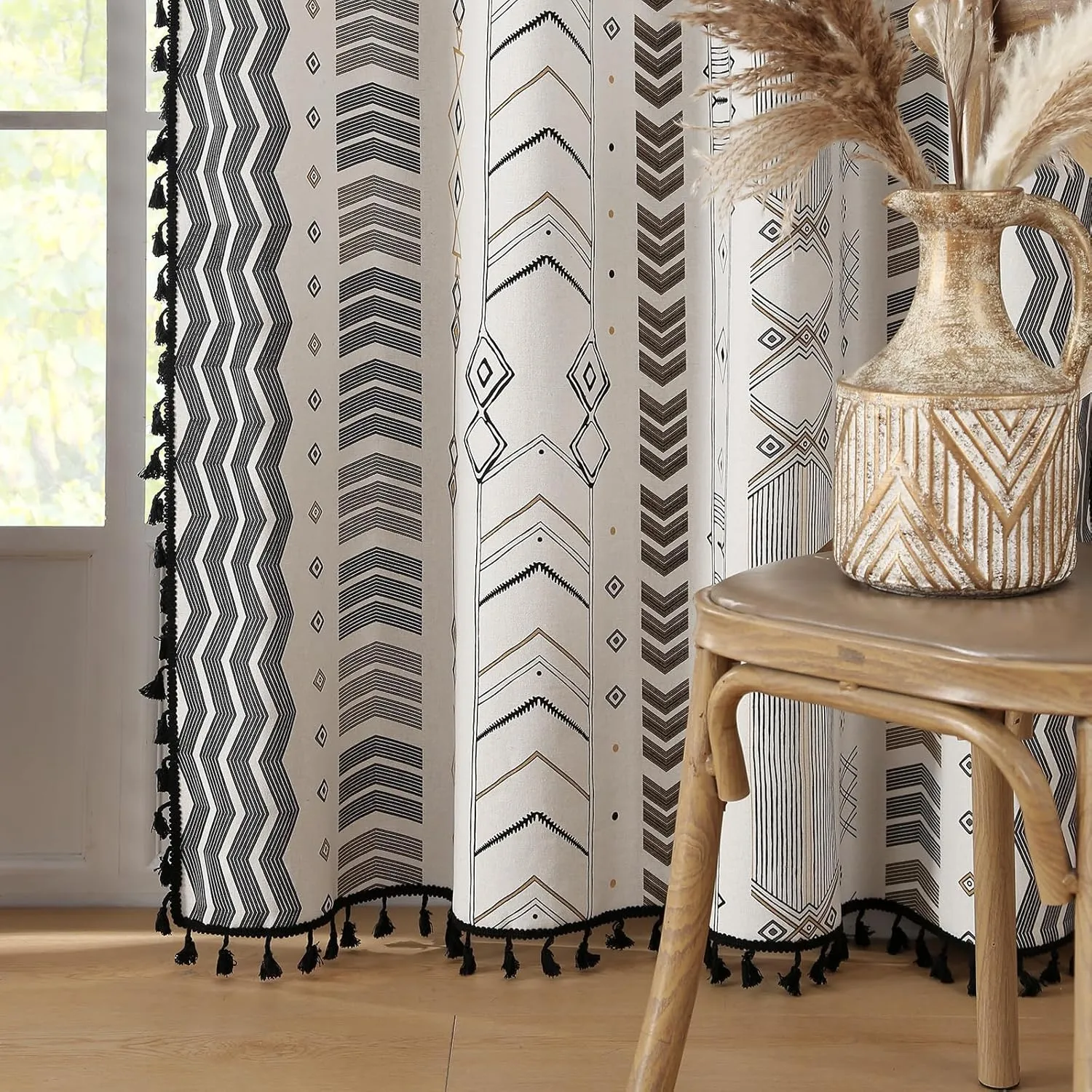 ColorBird 100% Boho Blackout Curtains 2 Panels 63 Inch Black White Western Southwest Linen Texture Thermal Black Out Curtain for Living Room Bedroom