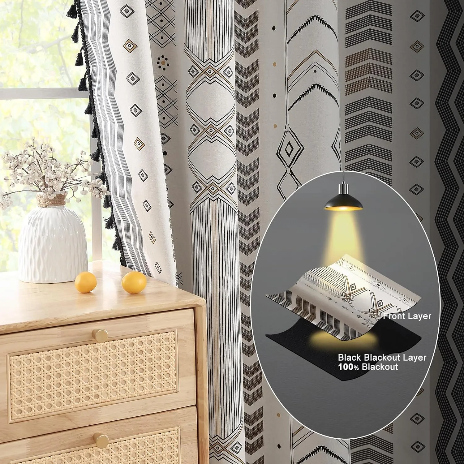ColorBird 100% Boho Blackout Curtains 2 Panels 63 Inch Black White Western Southwest Linen Texture Thermal Black Out Curtain for Living Room Bedroom