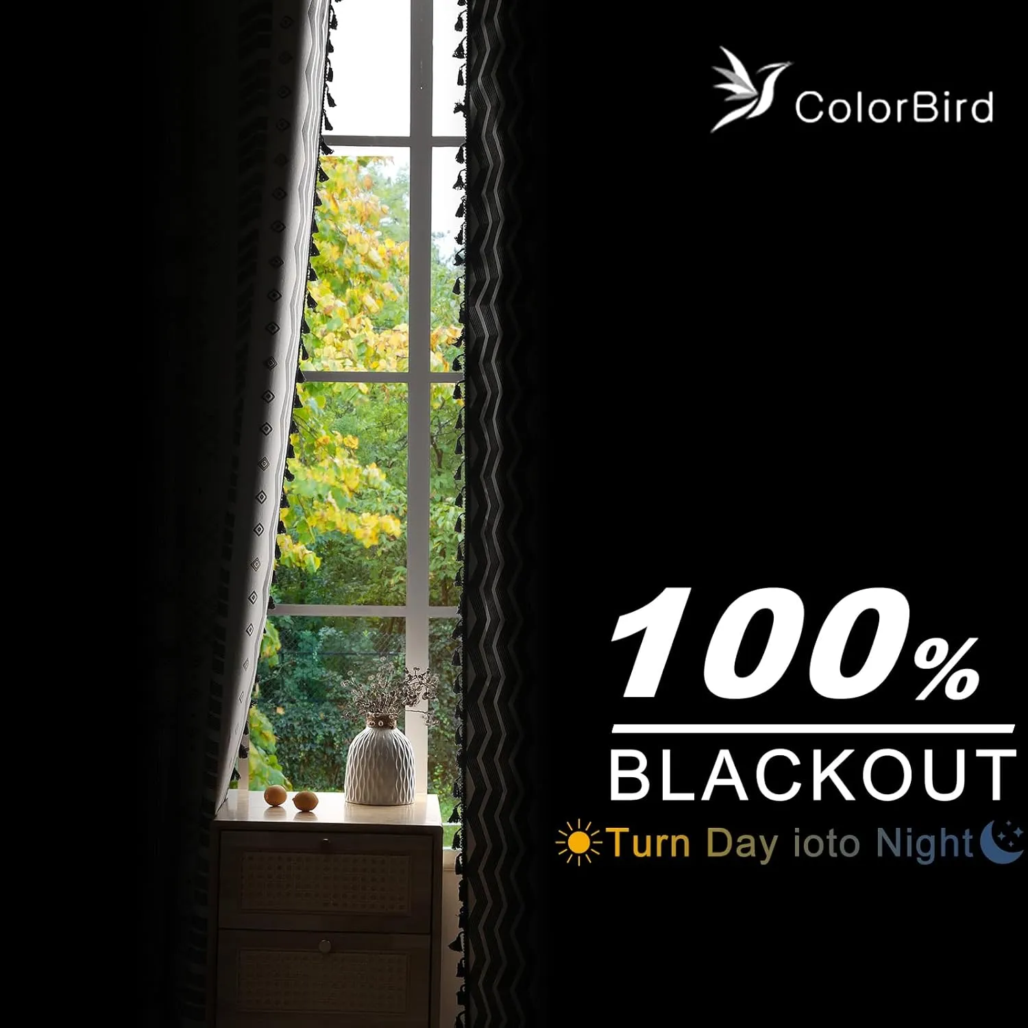 ColorBird 100% Boho Blackout Curtains 2 Panels 63 Inch Black White Western Southwest Linen Texture Thermal Black Out Curtain for Living Room Bedroom