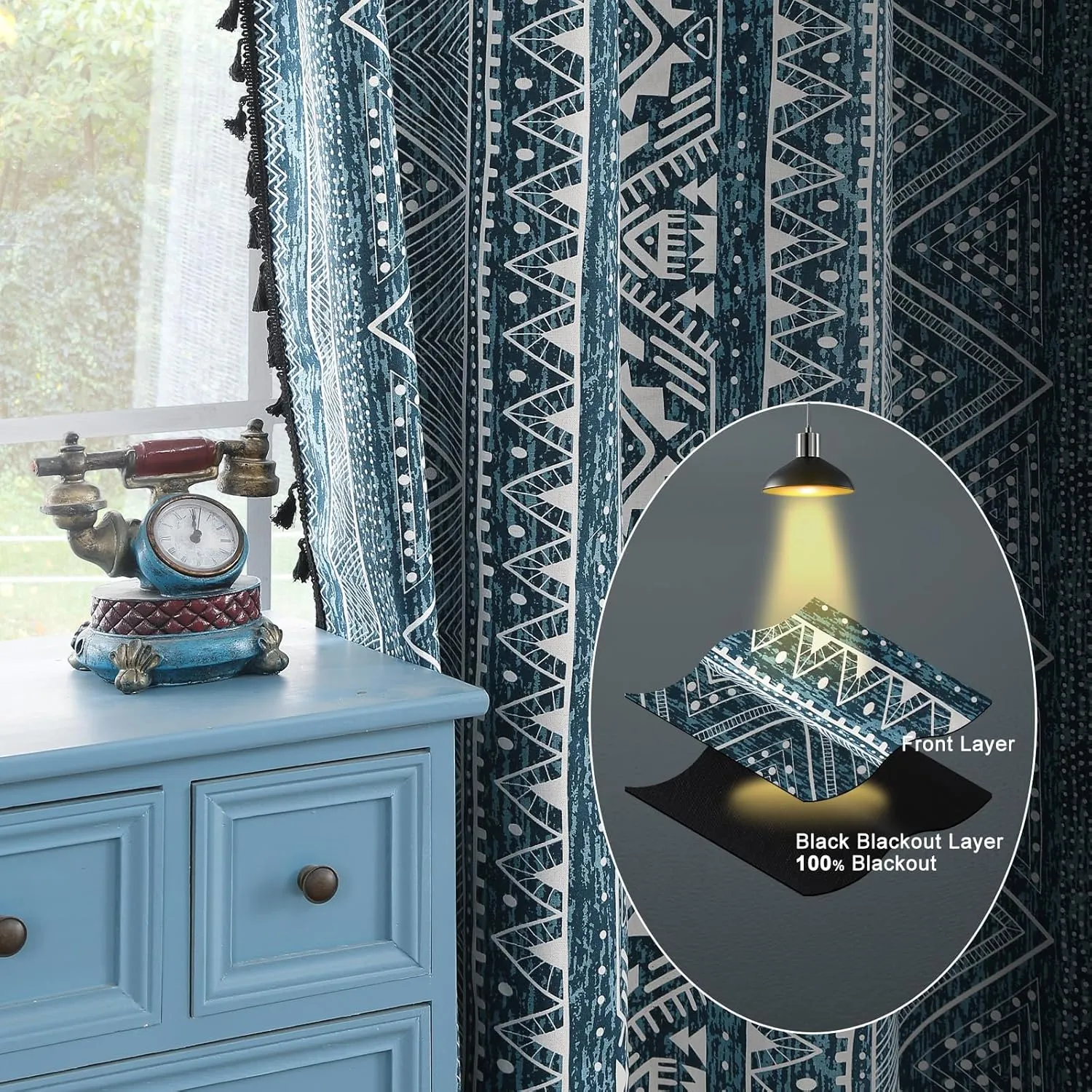 ColorBird 100% Boho Curtains Blackout 84 Inch 2 Panels Set Western Southwest Linen Texture Thermal Black Out Curtain for Living Room Bedroom