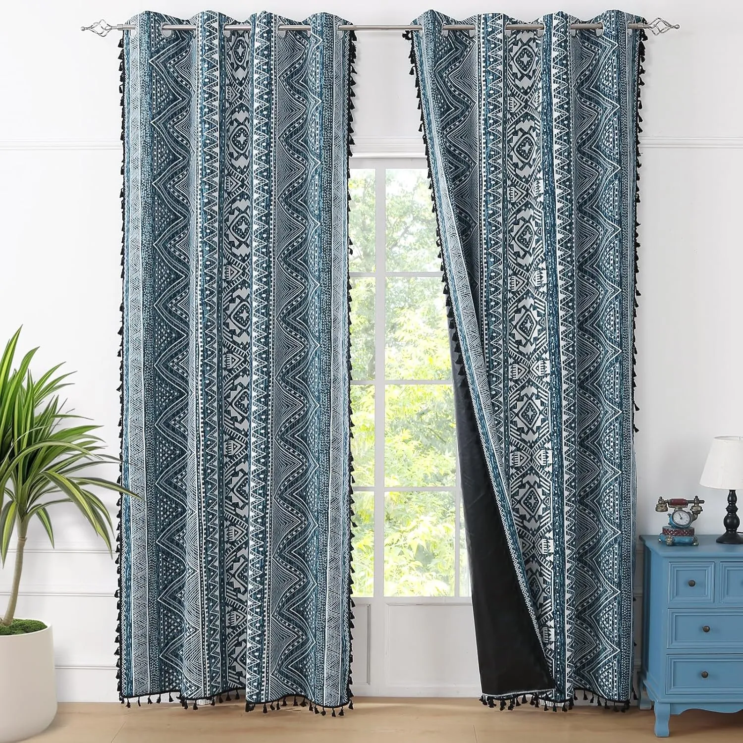 ColorBird 100% Boho Curtains Blackout 84 Inch 2 Panels Set Western Southwest Linen Texture Thermal Black Out Curtain for Living Room Bedroom