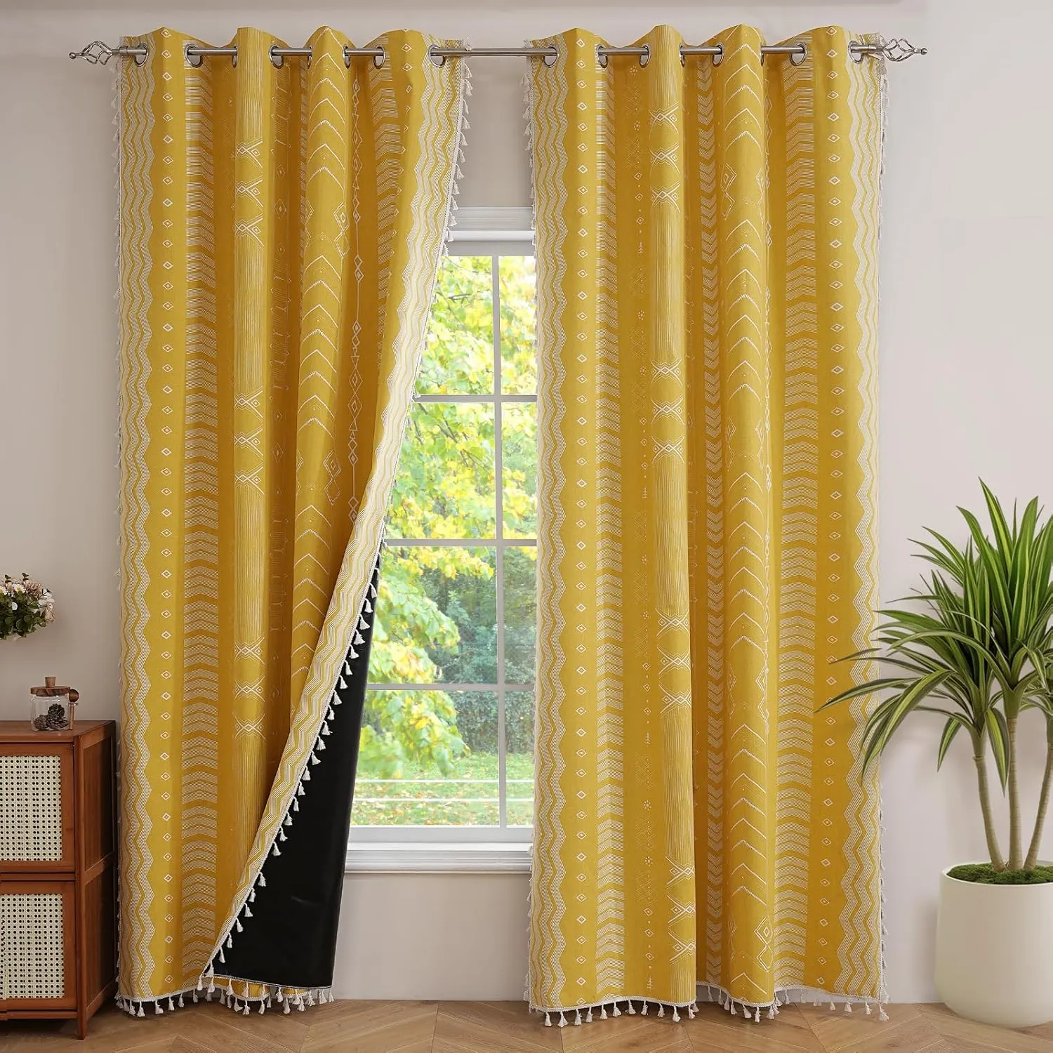 ColorBird Boho Blackout Curtains 2 Panels 84 Inch Length Mustard Yellow Thermal Insulated Southwest Window Treatment Patterned Western Black Out Curtain Drapes for Living Room Bedroom