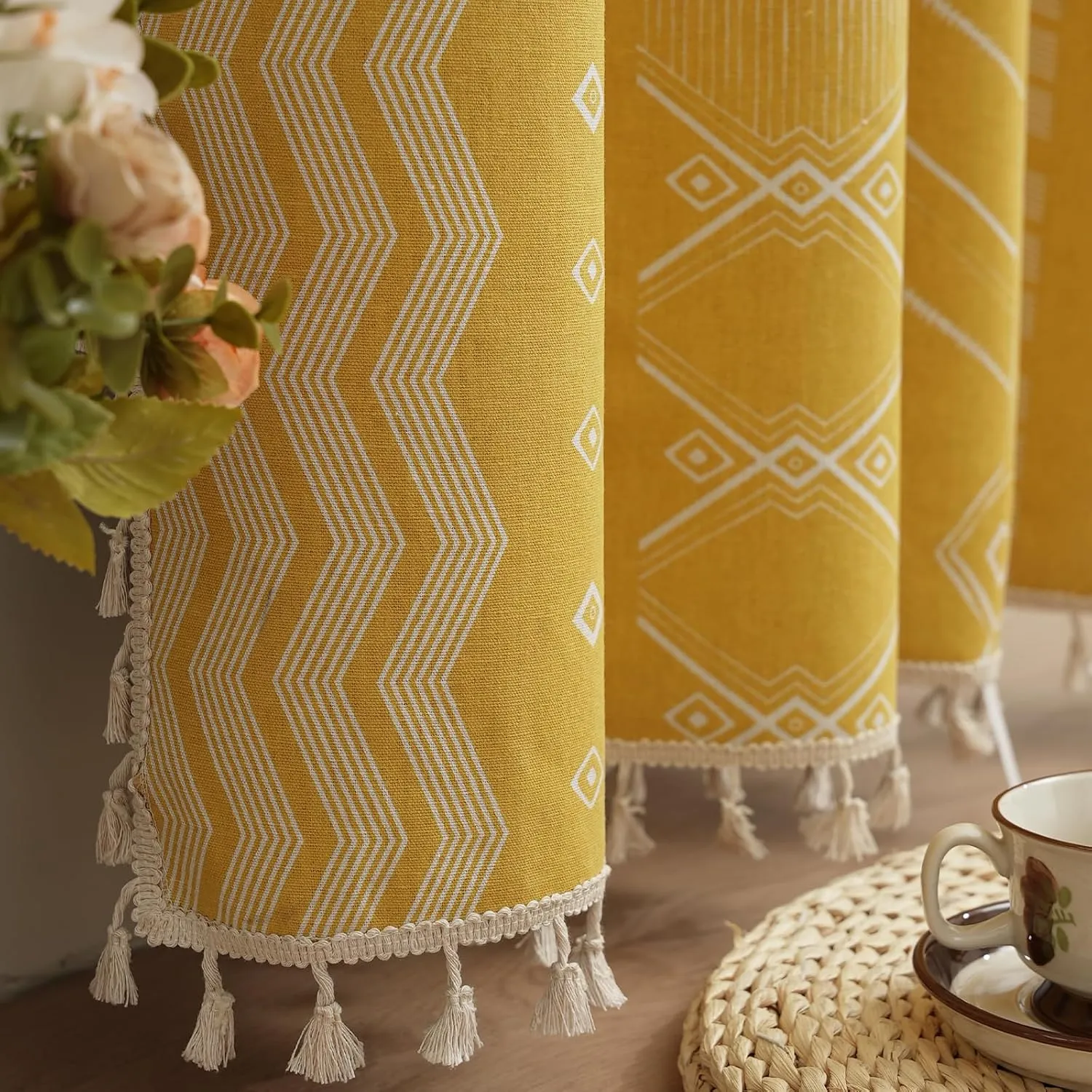 ColorBird Boho Blackout Curtains 2 Panels 84 Inch Length Mustard Yellow Thermal Insulated Southwest Window Treatment Patterned Western Black Out Curtain Drapes for Living Room Bedroom