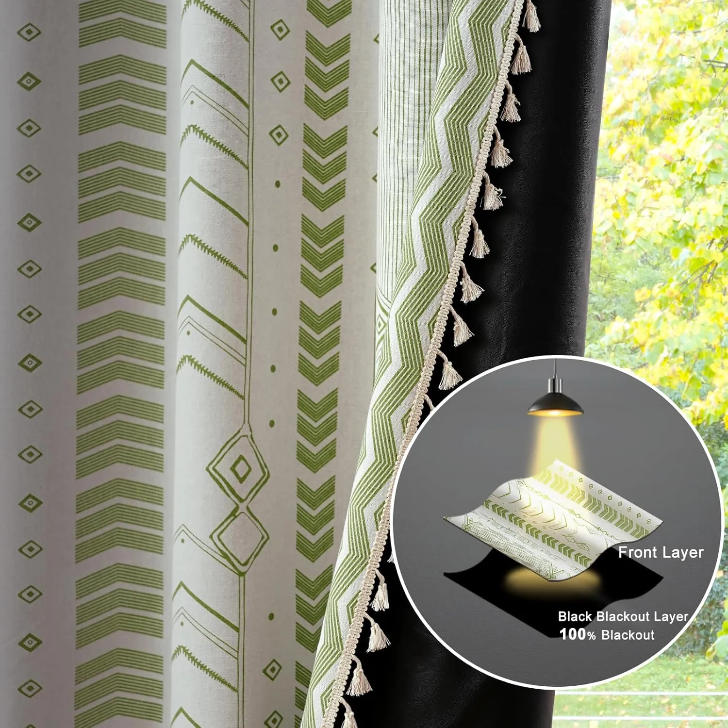 ColorBird Boho Blackout Curtains 2 Panels 84 Inch Length Sage Green Thermal Insulated Southwest Window Treatment Patterned Western Black Out Curtain Drapes for Living Room Bedroom