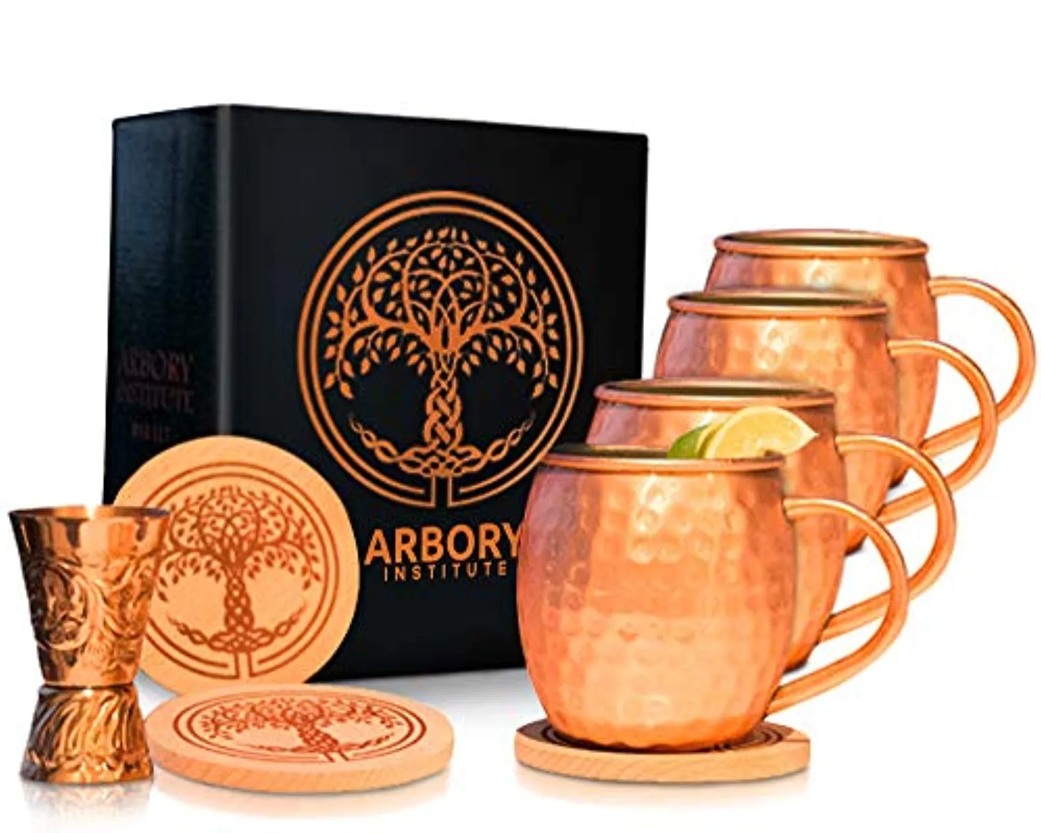 Copper Moscow Mule Mugs Set of 4 - Large 16 oz Hammered Mug – Bonus Kit Includes 4 Coasters and Jigger