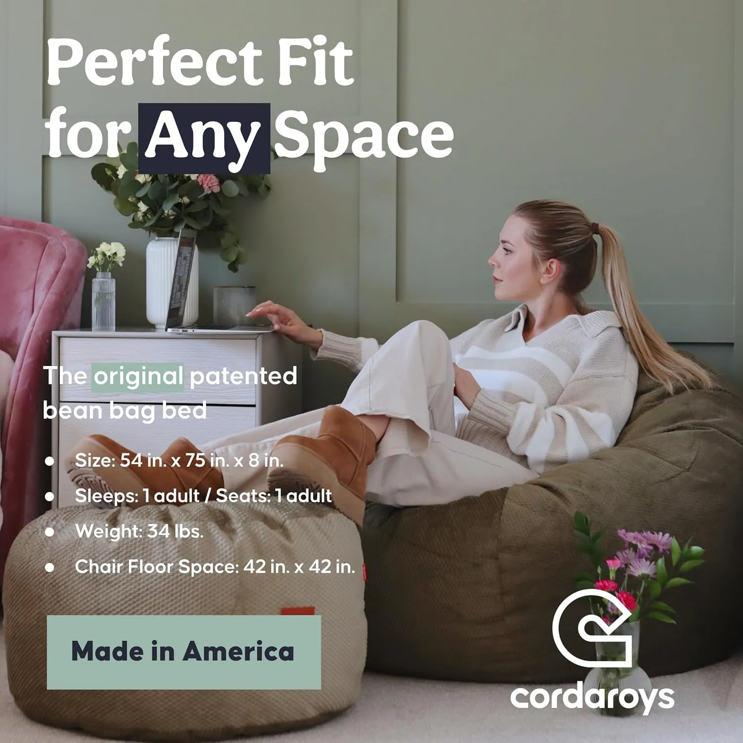 CordaRoy's Chenille Bean Bag-Convertible Bean Bag Chair&Bed-Machine-Washable Chenille Fabric Cover-for Basement,Living Room,Game Room,Dorm & More - Full Size - Moss | Made in The USA
