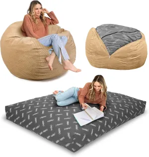 CordaRoy's Chenille Bean Bag-Convertible Bean Bag Chair&Bed-Machine-Washable Chenille Fabric Cover-for Basement,Living Room,Game Room,Dorm & More - Full Size - Tan | Made in The USA