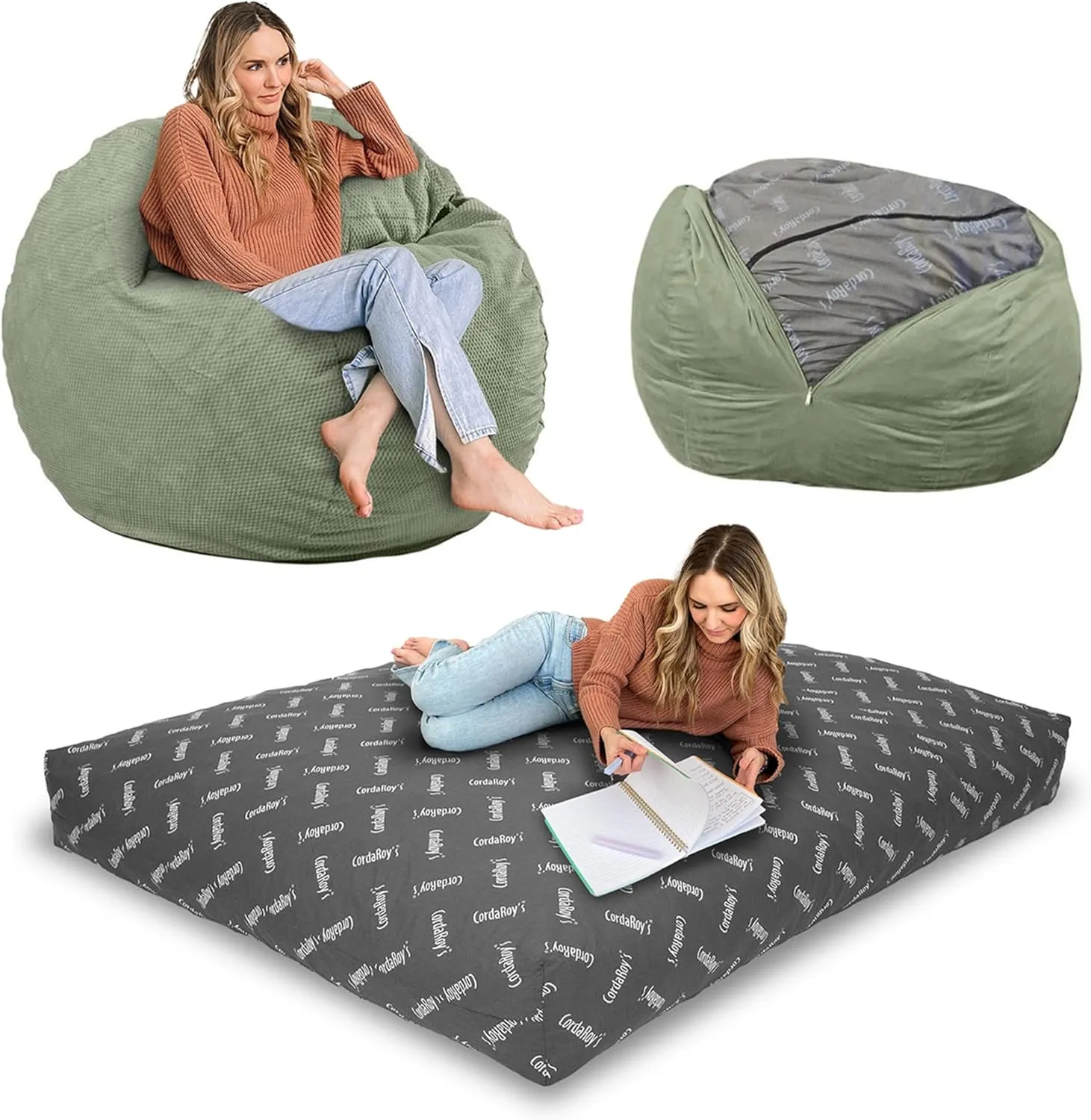 CordaRoy's Chenille Bean Bag-Convertible Bean Bag Chair&Bed-Machine-Washable Chenille Fabric Cover-for Basement,Living Room,Game Room,Dorm & More - Queen Size - Moss | Made in The USA