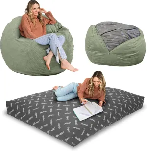 CordaRoy's Chenille Bean Bag-Convertible Bean Bag Chair&Bed-Machine-Washable Chenille Fabric Cover-for Basement,Living Room,Game Room,Dorm & More - Queen Size - Moss | Made in The USA