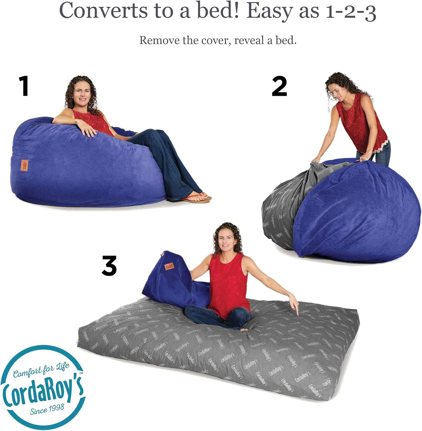 CordaRoy's Chenille Bean Bag-Convertible Bean Bag Chair&Bed-Machine-Washable Chenille Fabric Cover-for Basement,Living Room,Game Room,Dorm & More - Queen Size - Navy | Made in The USA