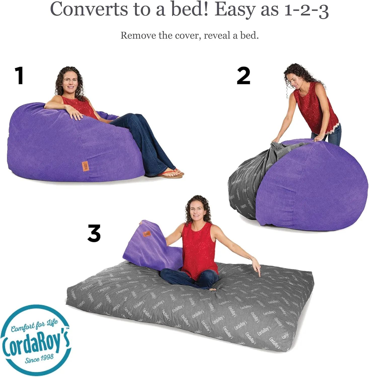 CordaRoy's Corduroy Bean Bag Chair, Convertible Chair Folds from Bean Bag to Lounger, As Seen on Shark Tank, Very Peri Purple - Queen Size