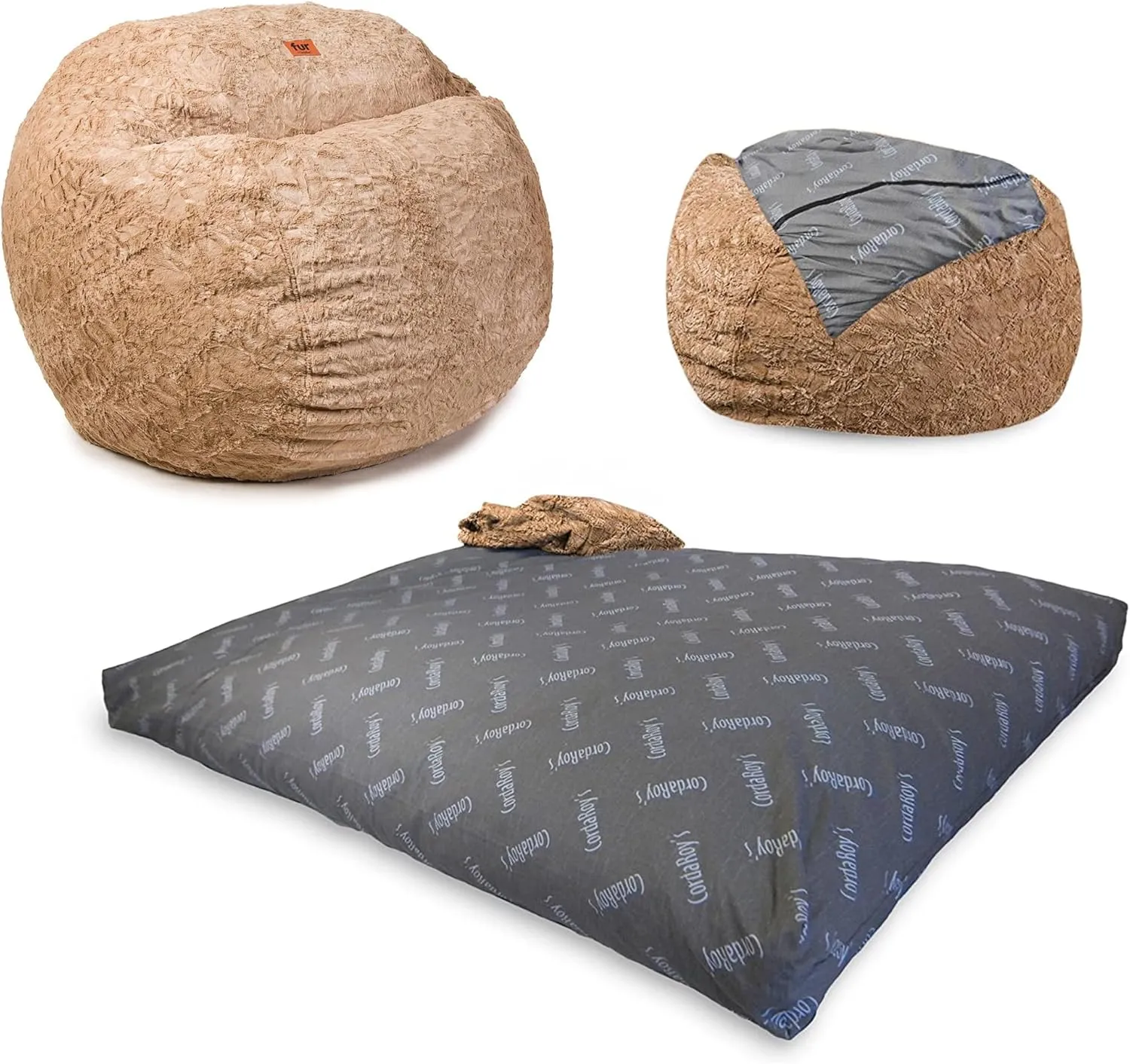 CordaRoy's Faux Fur Bean Bag-Convertible Bean Bag Chair & Bed-Machine-Washable Faux Fur Fabric Cover for Basement, Living Room, Game Room, Dorm & More - King Size - Tan | Made in The USA