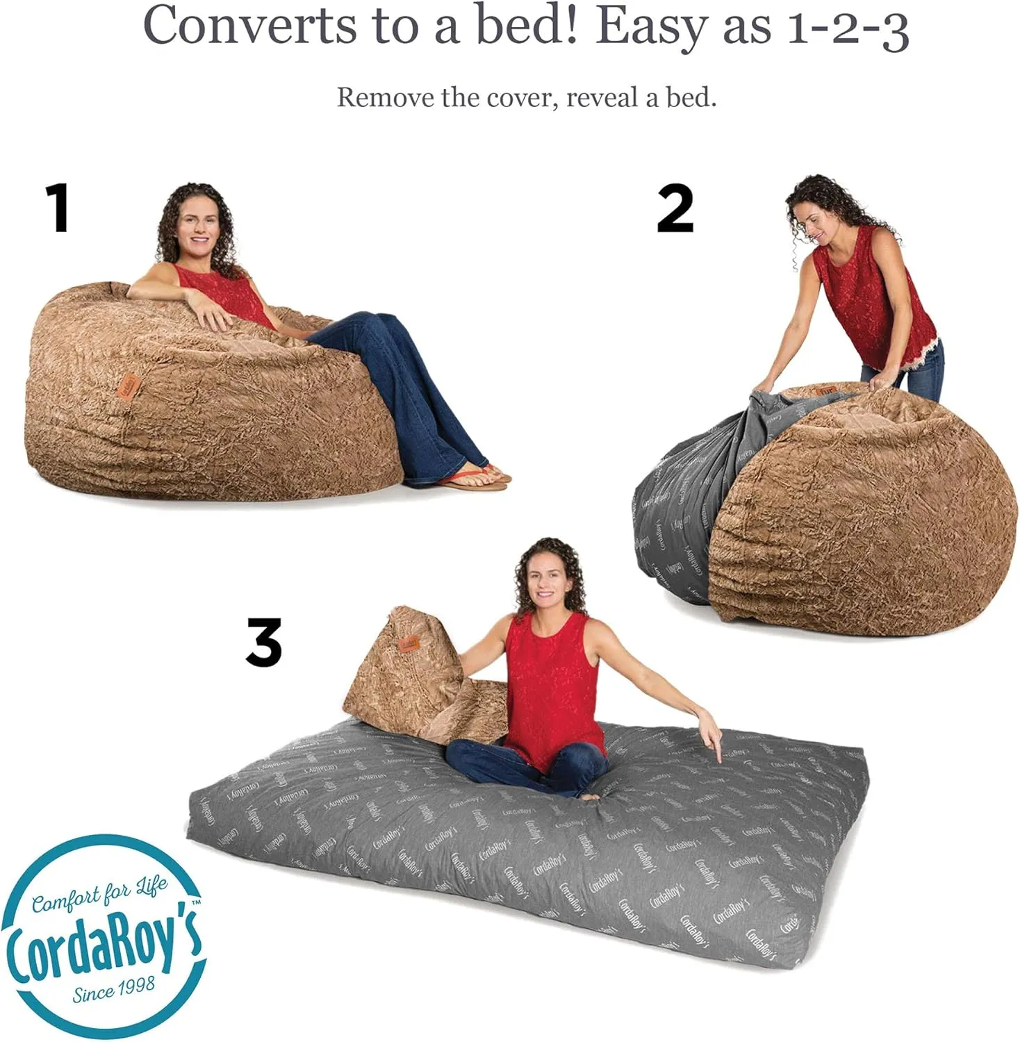 CordaRoy's Faux Fur Bean Bag-Convertible Bean Bag Chair & Bed-Machine-Washable Faux Fur Fabric Cover for Basement, Living Room, Game Room, Dorm & More - King Size - Tan | Made in The USA
