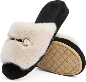 Cozy House Slippers for Women Indoor Outdoor with Memory Foam Open Toe Fuzzy Womens Slide Slippers Sandals Arch Support House Shoes