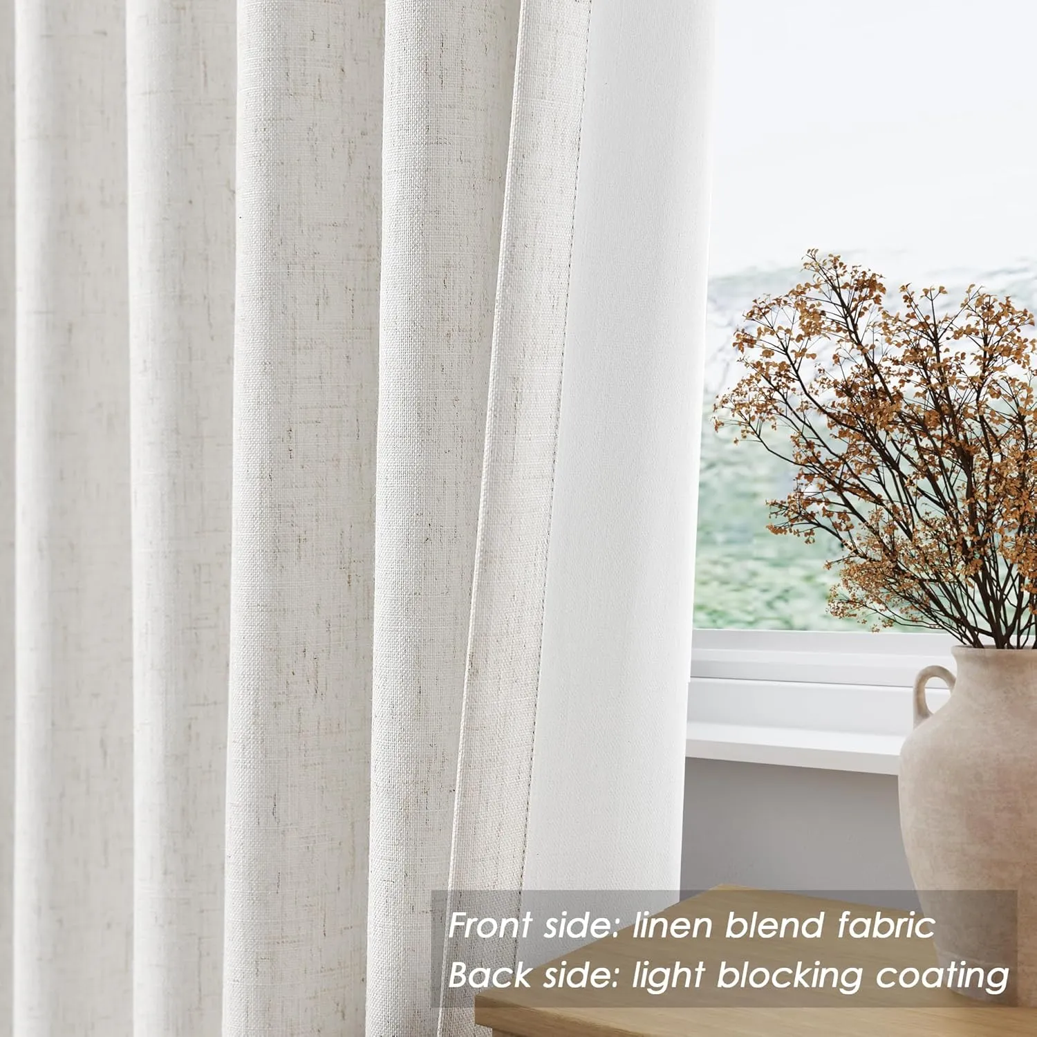 Cream Linen Blackout Curtains 84 inch Length 2 Panels Set for Bedroom Thermal Insulated 100% Blackout Linen Drapes Back Tab Neutral Rustic Farmhouse Block Out Room Darkening Window Curtains Ivory