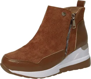 Crzidha Womens Wedge Shoes,Vintage Suede Stitching Leather Wedge Sneakers Comfortable Arch Support Soft Memory Foam Midsole Wedges Side Zipper Easy On Wedge Ankle Boots