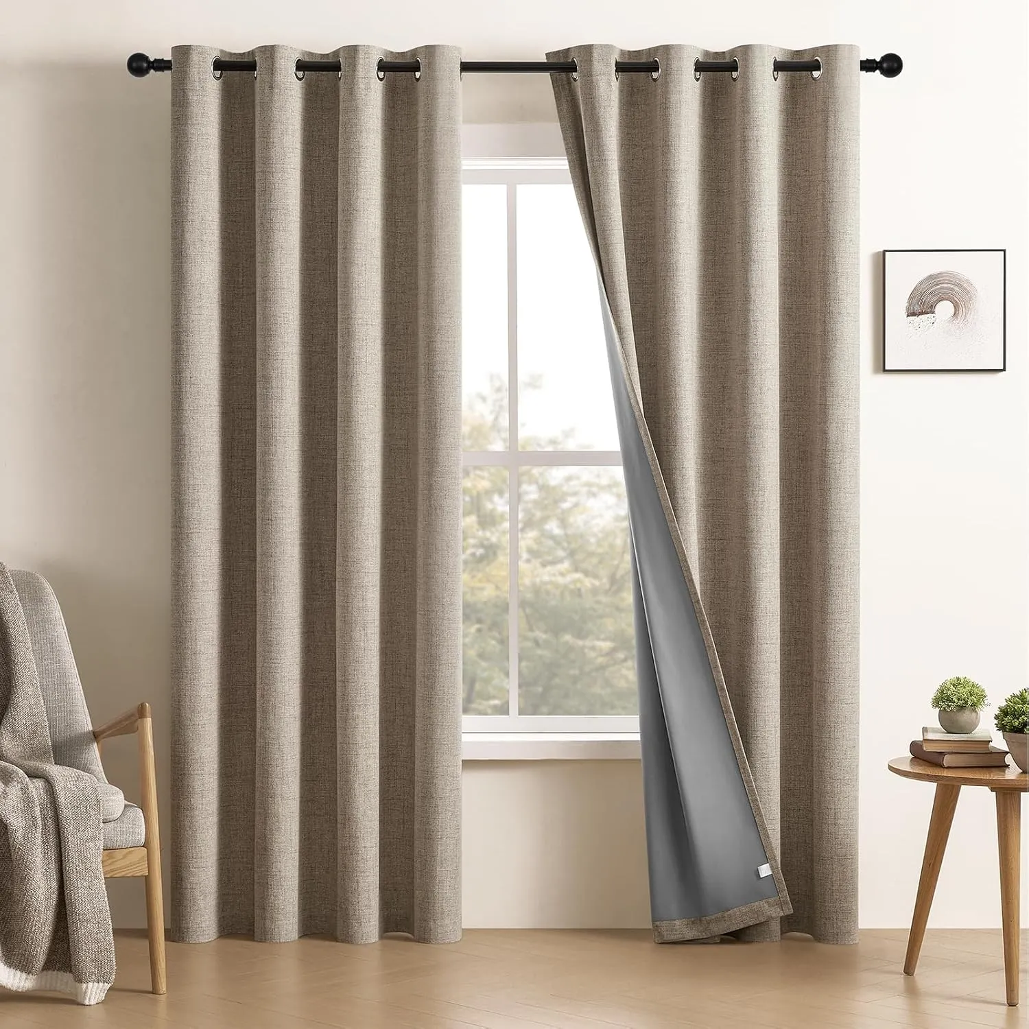 CUCRAF 100% Blackout Window Curtains 84 inches Long 2 Panels Set, Faux Linen Look Thermal Insulated Grommet Drapes, Room Darkening Curtain for Bedroom Living Room(W52 x L84 Inch, Light Khaki)