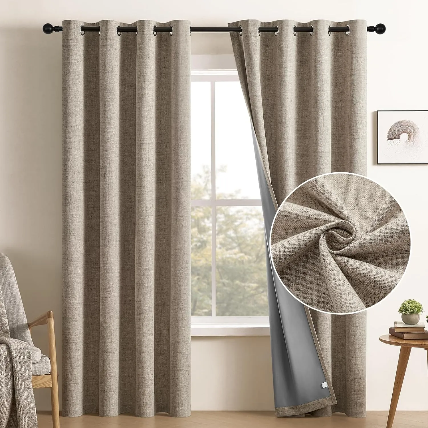 CUCRAF 100% Blackout Window Curtains 84 inches Long 2 Panels Set, Faux Linen Look Thermal Insulated Grommet Drapes, Room Darkening Curtain for Bedroom Living Room(W52 x L84 Inch, Light Khaki)