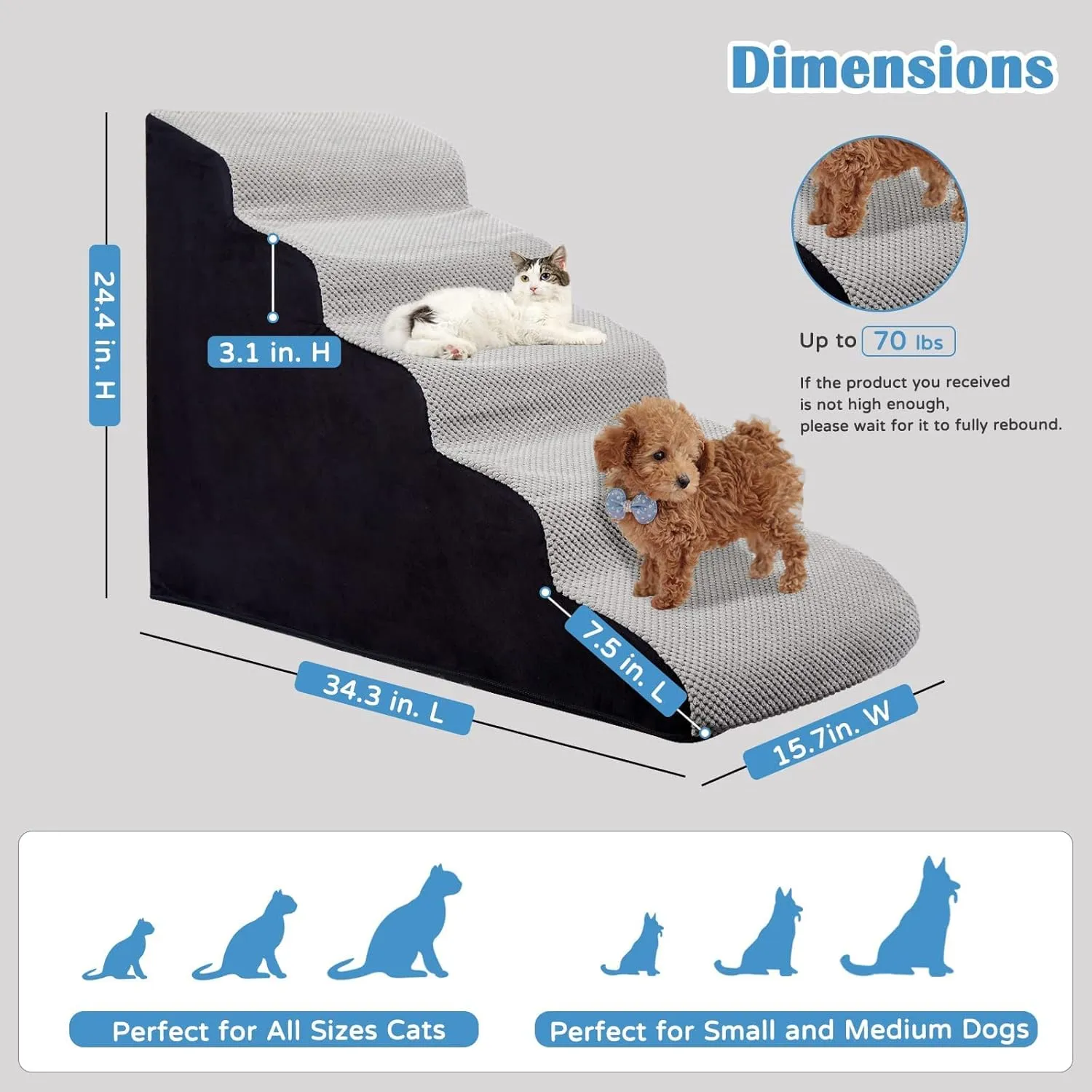 Curved Dog Stairs 24 inches High, Dog Ramp Stairs for Small Dogs for High Beds 20-25 inches Tall, 30D Foam Dog Steps for Beds 24 inches, Pet Stairs/Steps for Old Dogs Cats, Grey