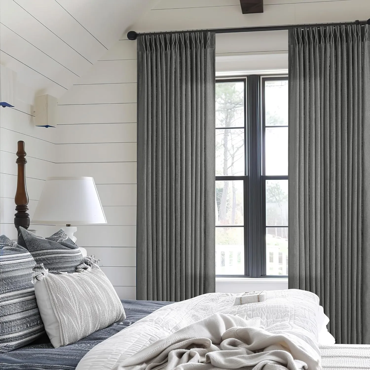 Dark Gray Linen Pinch Pleated Curtains 96 Inches Long for Living Room Pleated Drapes Back Tab Thick Linen Textured Modern Farmhouse Neutral Charcoal Slate Grey 96 Inch Curtain for Dining Bedroom