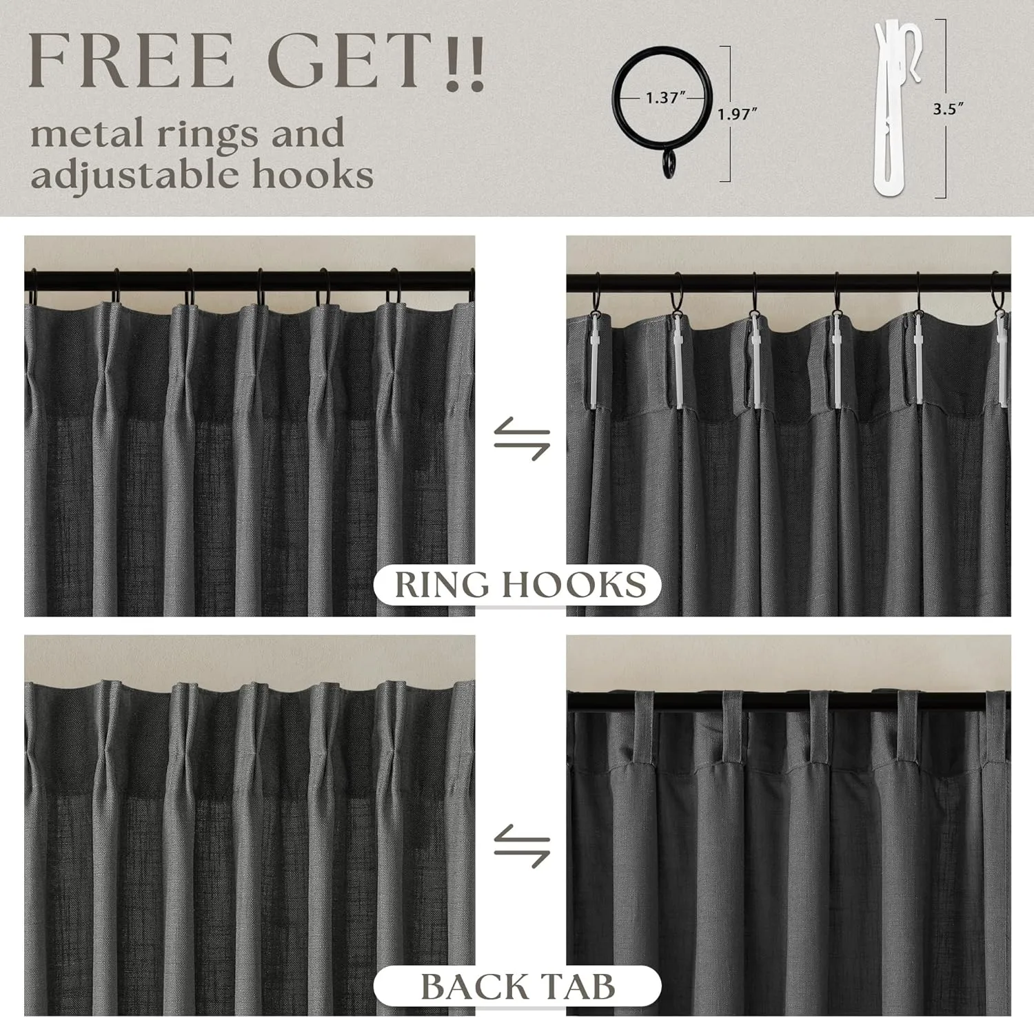 Dark Gray Linen Pinch Pleated Curtains 96 Inches Long for Living Room Pleated Drapes Back Tab Thick Linen Textured Modern Farmhouse Neutral Charcoal Slate Grey 96 Inch Curtain for Dining Bedroom