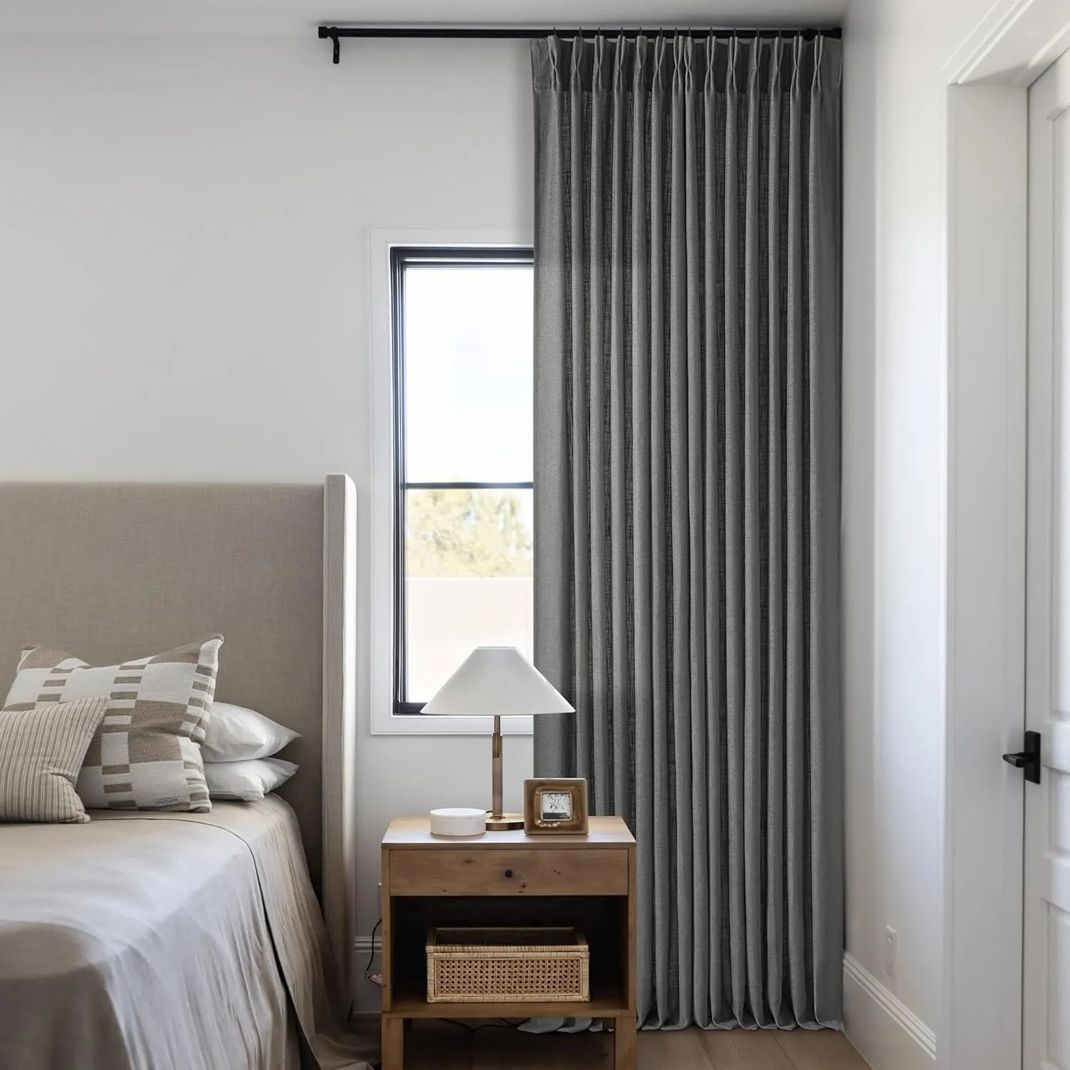 Dark Gray Linen Pinch Pleated Curtains 96 Inches Long for Living Room Pleated Drapes Back Tab Thick Linen Textured Modern Farmhouse Neutral Charcoal Slate Grey 96 Inch Curtain for Dining Bedroom