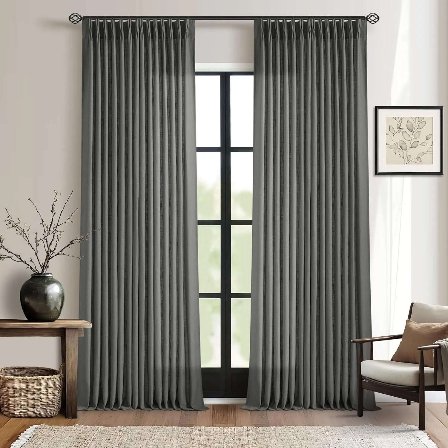 Dark Gray Linen Pinch Pleated Curtains 96 Inches Long for Living Room Pleated Drapes Back Tab Thick Linen Textured Modern Farmhouse Neutral Charcoal Slate Grey 96 Inch Curtain for Dining Bedroom