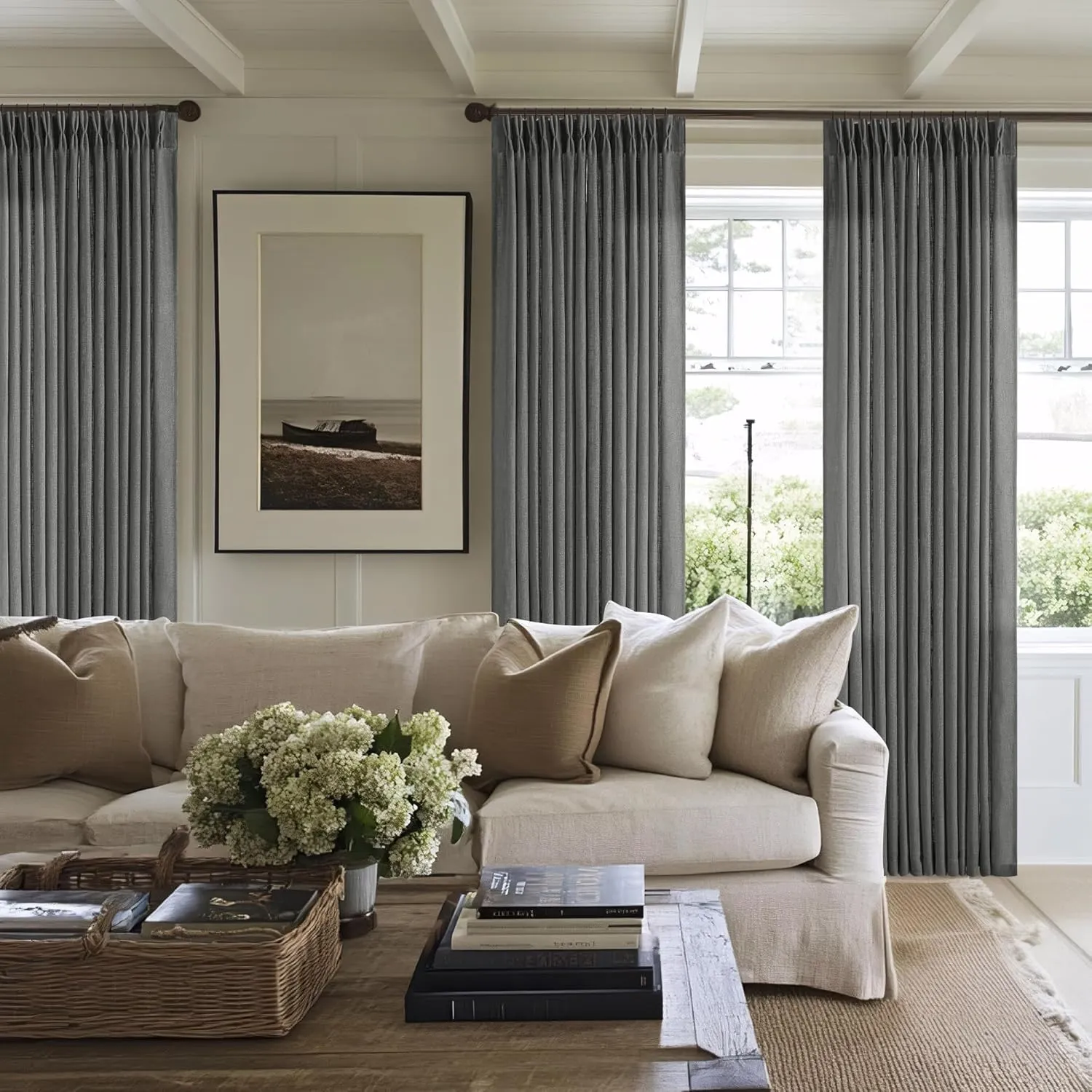 Dark Gray Linen Pinch Pleated Curtains 96 Inches Long for Living Room Pleated Drapes Back Tab Thick Linen Textured Modern Farmhouse Neutral Charcoal Slate Grey 96 Inch Curtain for Dining Bedroom