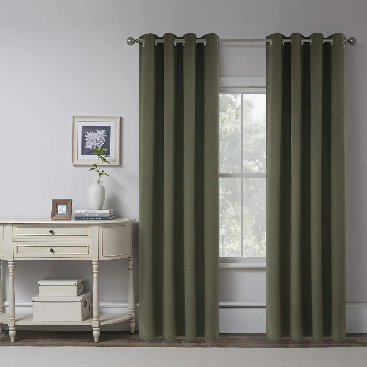 Dark Olive Green Linen 100% Blackout Curtains 84 Inches Long for Bedroom - 2 Panels Burg Linen Textured Shabby Chic Curtain Drapes for Modern Farmhouse Outdoor/Indoor (2 Pcs,W 52 x L 84 Inch Length)