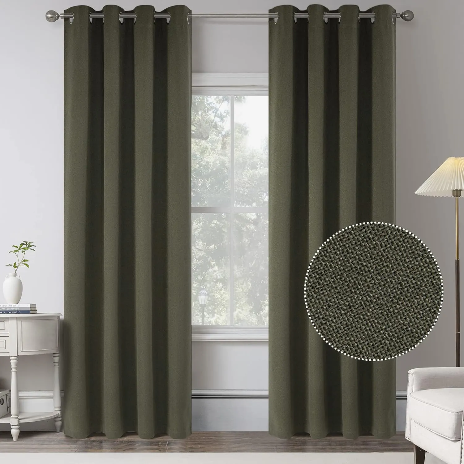 Dark Olive Green Linen 100% Blackout Curtains 84 Inches Long for Bedroom - 2 Panels Burg Linen Textured Shabby Chic Curtain Drapes for Modern Farmhouse Outdoor/Indoor (2 Pcs,W 52 x L 84 Inch Length)