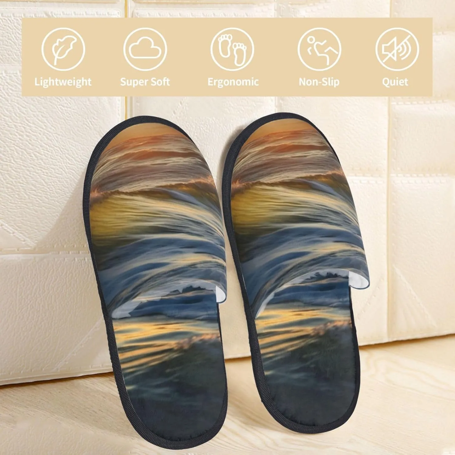 Dawn Ocean Waves Furry Slippers for Men Women Fuzzy Memory Foam Slippers Warm Comfy Slip-on Bedroom Shoes Winter House Shoes for Indoor Outdoor