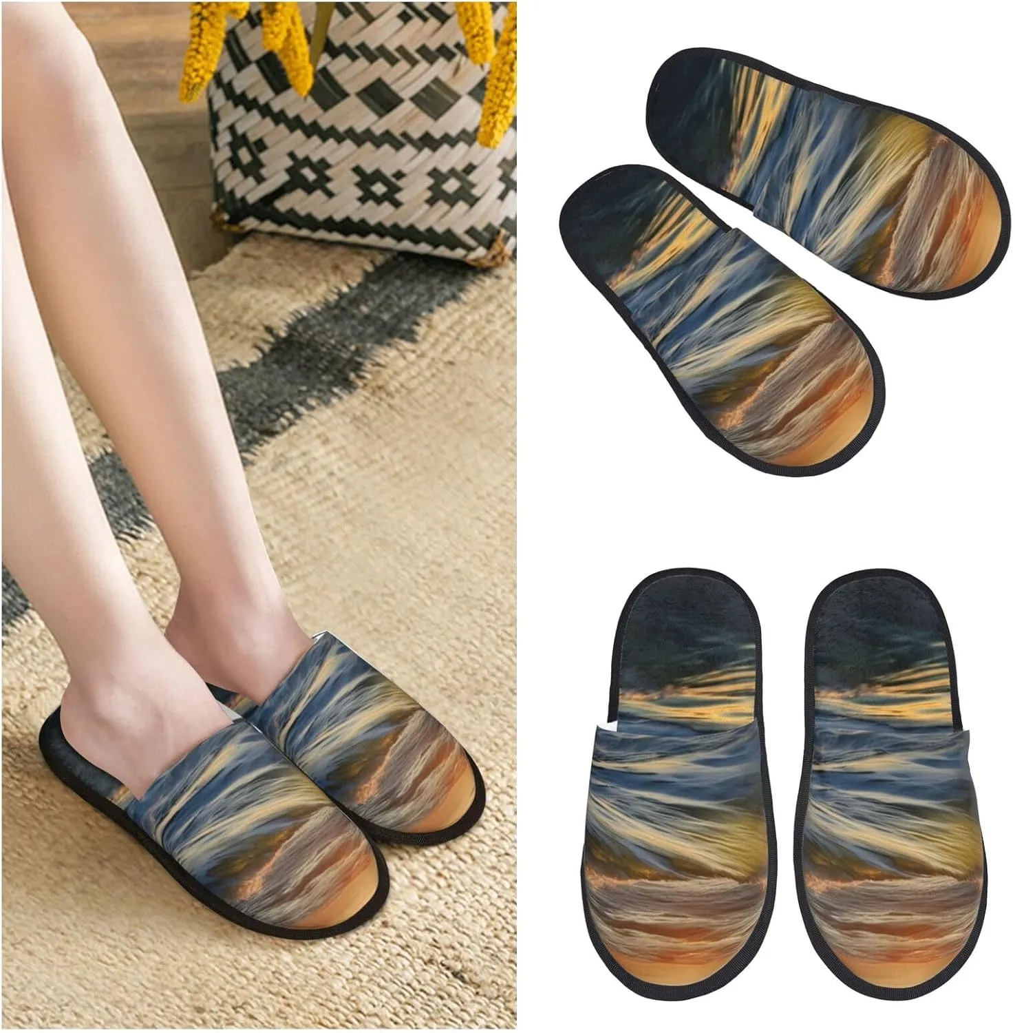 Dawn Ocean Waves Furry Slippers for Men Women Fuzzy Memory Foam Slippers Warm Comfy Slip-on Bedroom Shoes Winter House Shoes for Indoor Outdoor