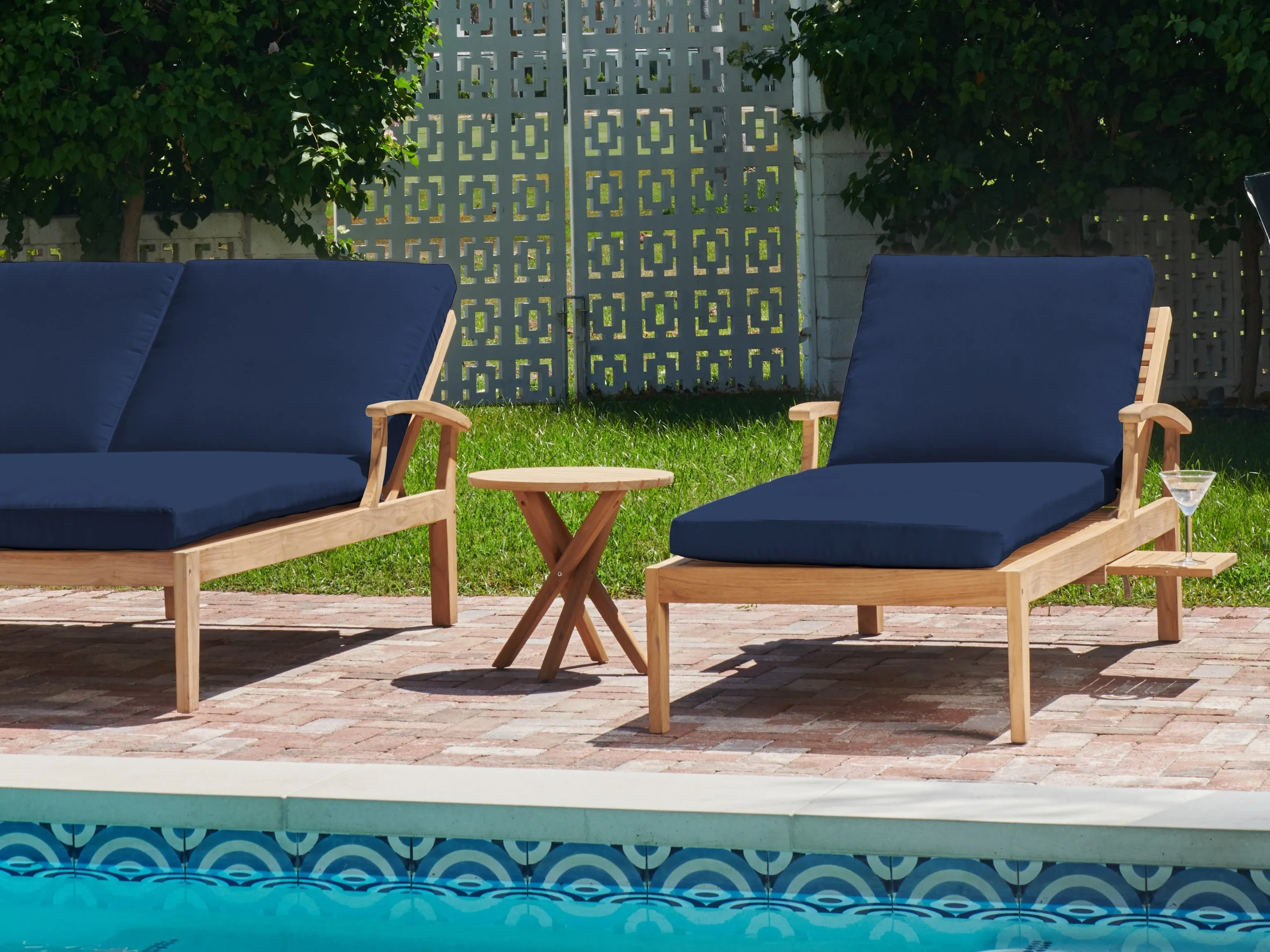 Delano Teak Navy Outdoor Reclining Sunlounger with Sunbrella® Cushion and Slide-out Tray