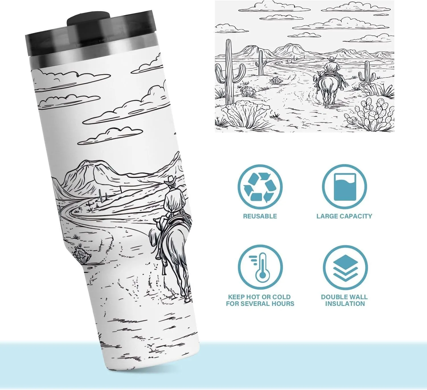 Desert Horseback Riding Insulated Tumbler with Handle and Straw Lid,30oz Leakproof Stainless Steel Cup BPA-Free Water Bottle