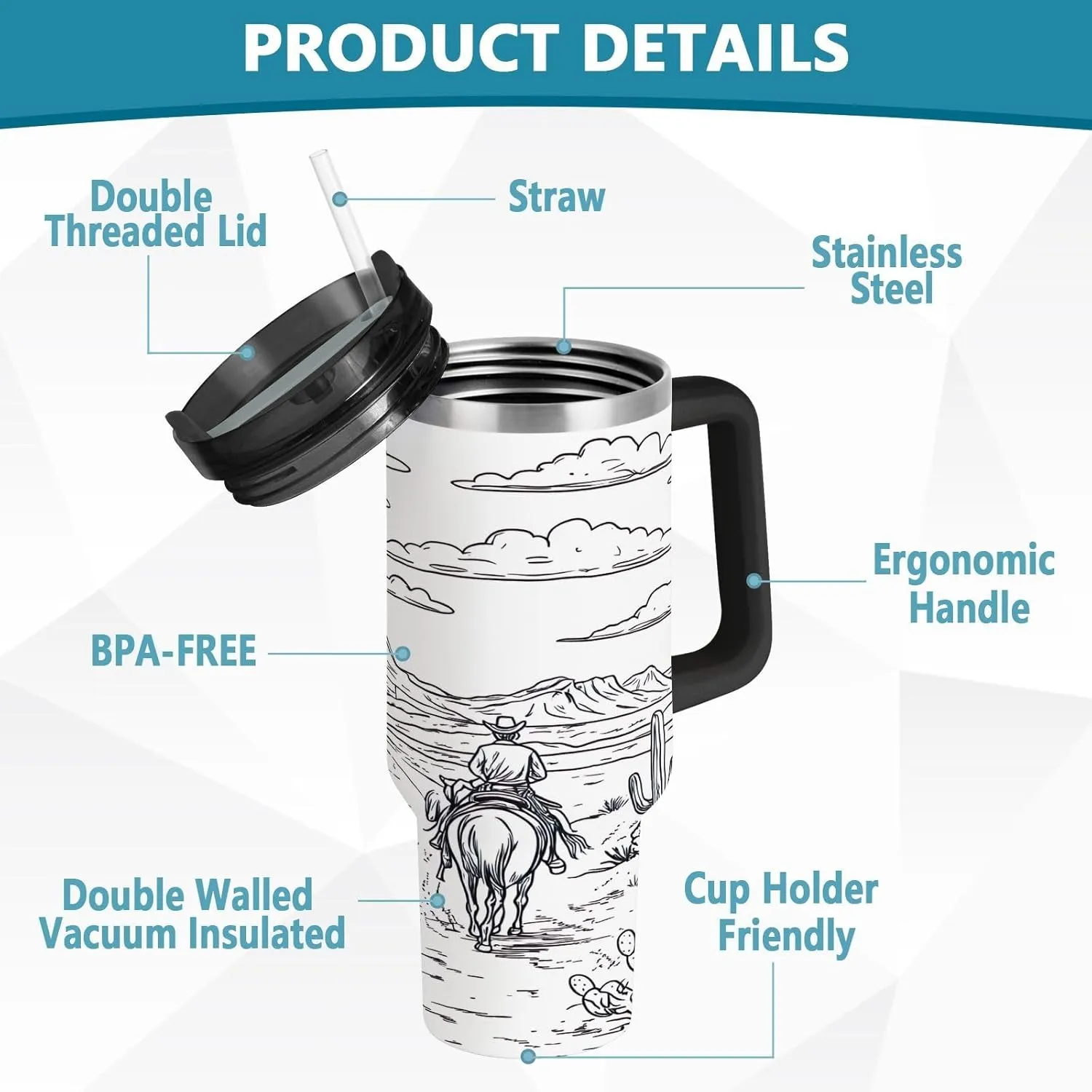 Desert Horseback Riding Insulated Tumbler with Handle and Straw Lid,30oz Leakproof Stainless Steel Cup BPA-Free Water Bottle