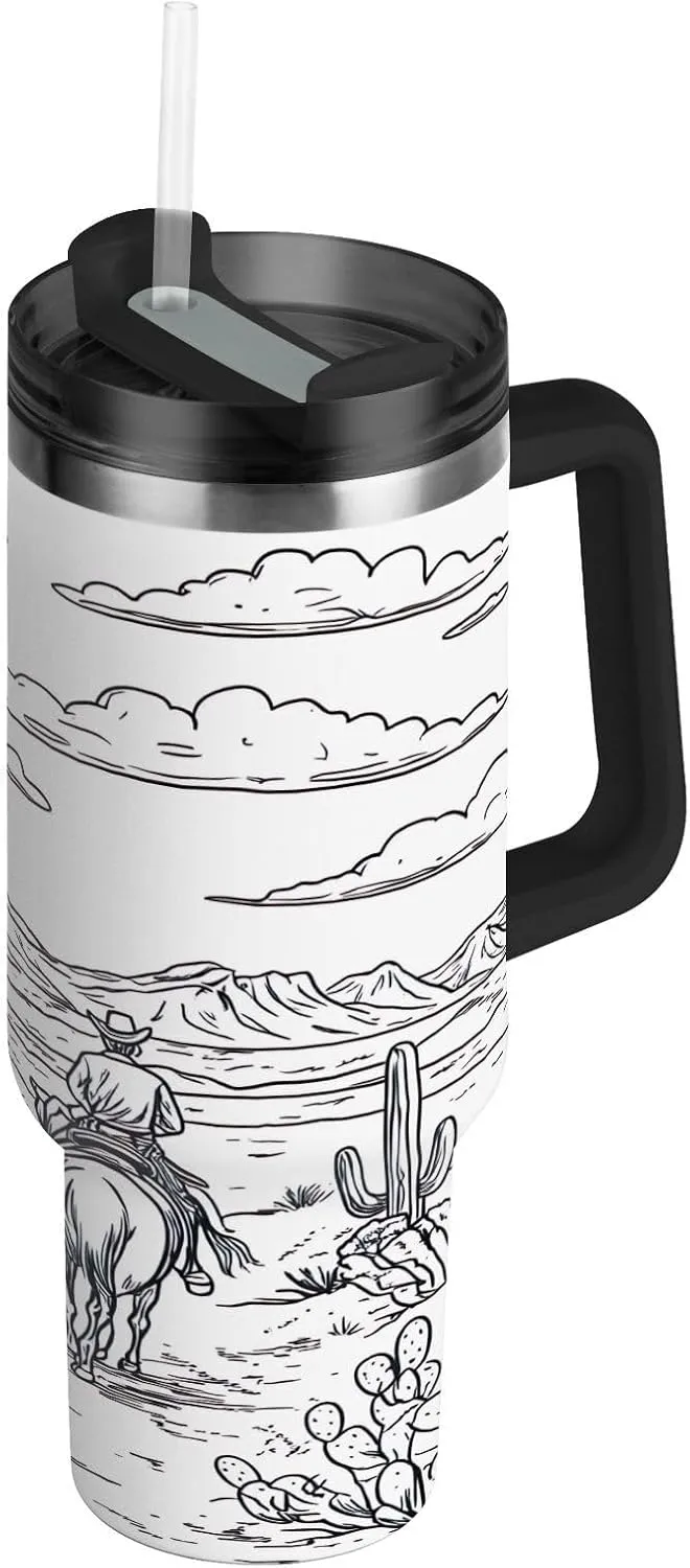 Desert Horseback Riding Insulated Tumbler with Handle and Straw Lid,30oz Leakproof Stainless Steel Cup BPA-Free Water Bottle