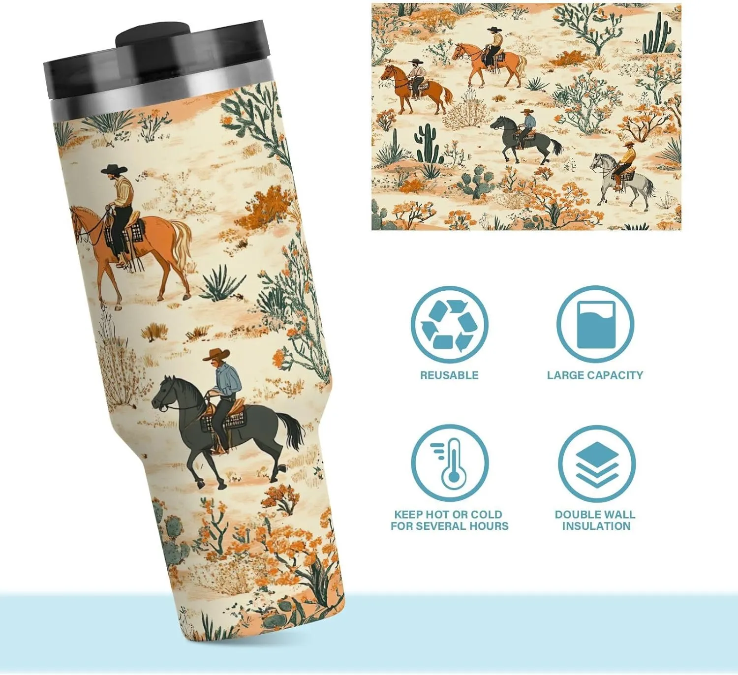 Desert Horseback Riding Insulated Tumbler with Handle and Straw Lid,40oz Leakproof Stainless Steel Cup BPA-Free Water Bottle