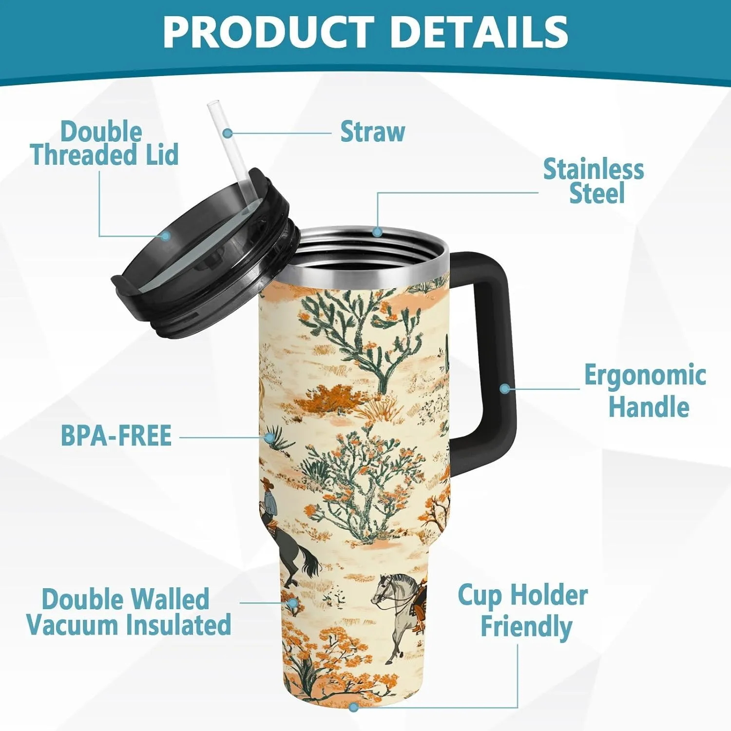 Desert Horseback Riding Insulated Tumbler with Handle and Straw Lid,40oz Leakproof Stainless Steel Cup BPA-Free Water Bottle
