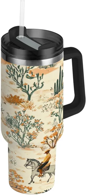 Desert Horseback Riding Insulated Tumbler with Handle and Straw Lid,40oz Leakproof Stainless Steel Cup BPA-Free Water Bottle