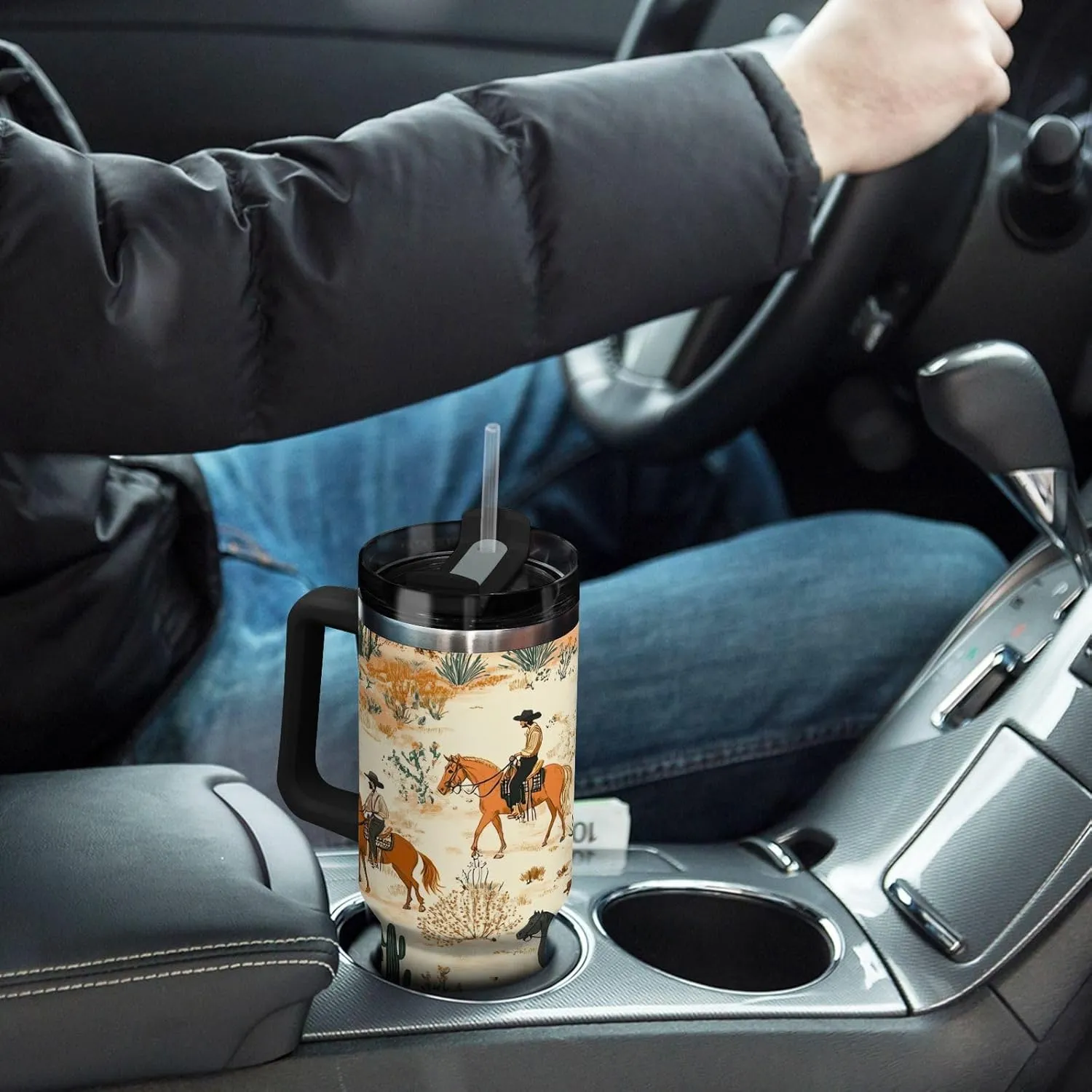 Desert Horseback Riding Insulated Tumbler with Handle and Straw Lid,40oz Leakproof Stainless Steel Cup BPA-Free Water Bottle