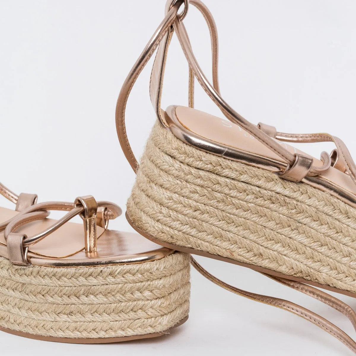 Dina Rose Gold Rope Lace Up Espadrille Flatforms