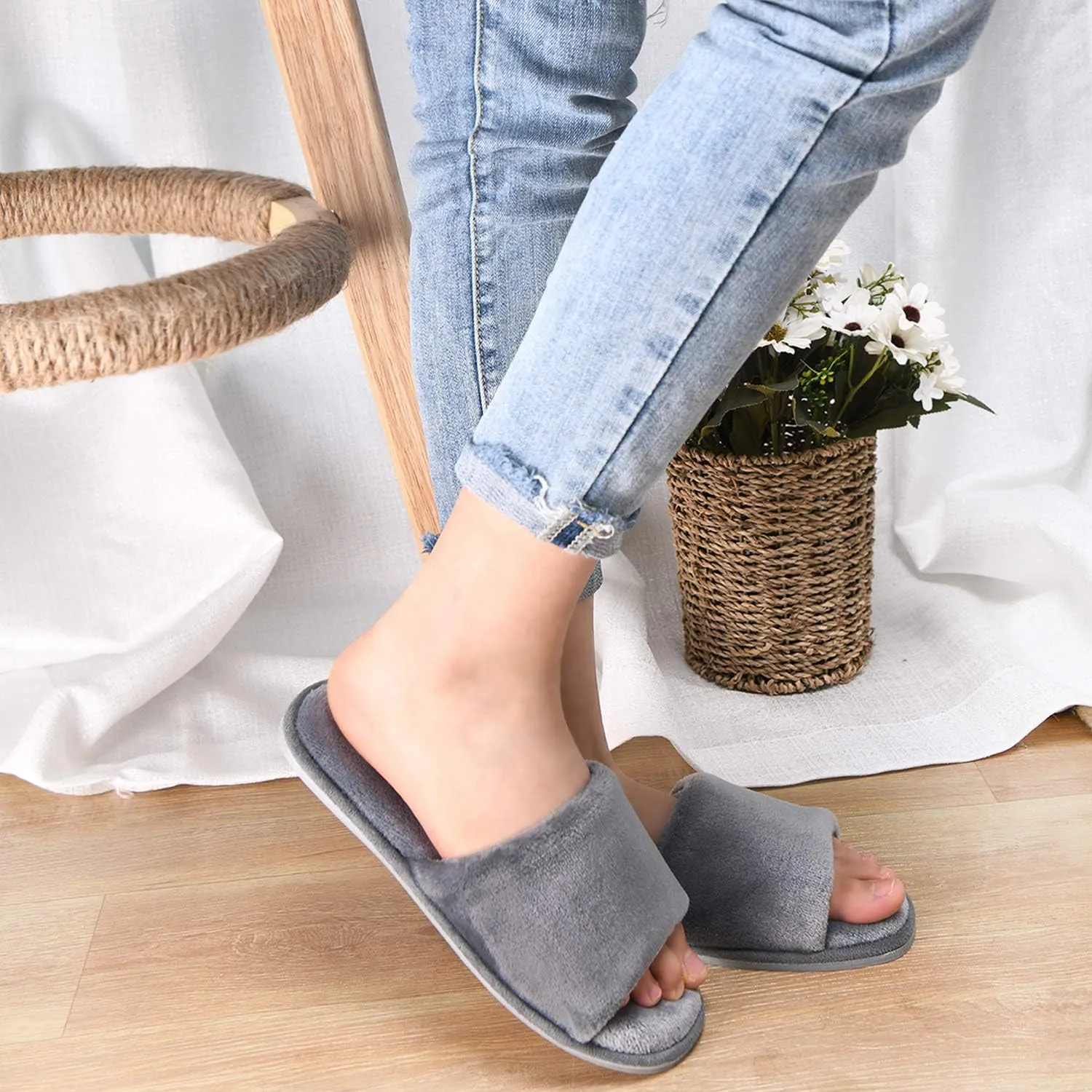 DL Open Toe Slippers for women Indoor, Cozy Memory Foam Womens House Slippers Summer Slip On, Comfy Soft Flannel Womens Bedroom Slippers Slide Breathable Size 5-6 7-8 9-10