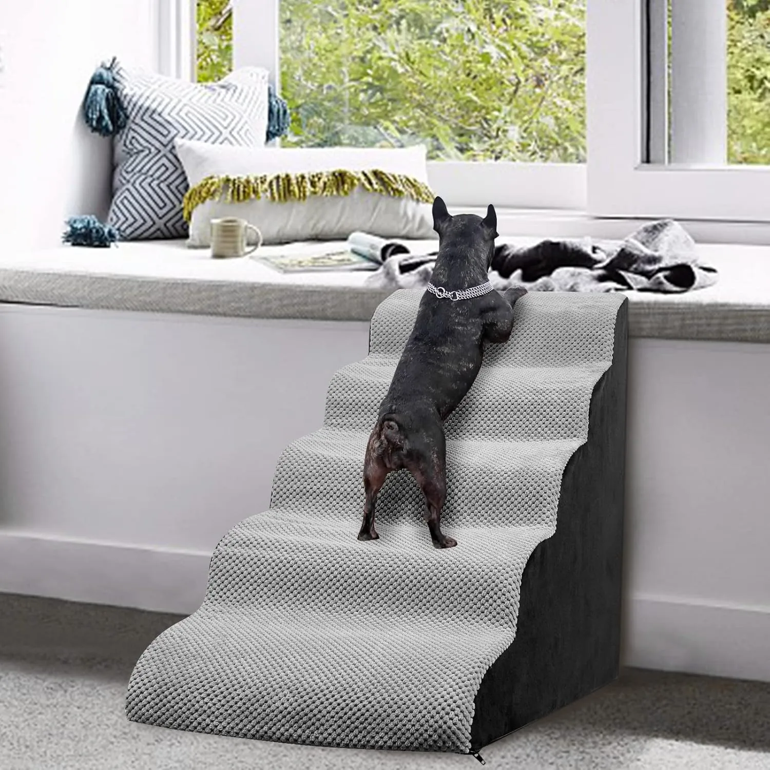 Dog Stair Steps/Ramps for High Beds 24 inches Tall, 5-Step Slope Dog Stairs for Couch/Bedsides 25-28 inches, Pet Stairs for Small Dogs/Cats, Non-Slip Balanced Pet Step Indoor, Grey