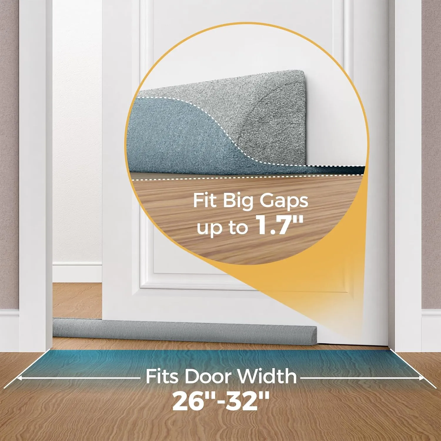 Door Draft Stopper 32 Inch, Under Door Gap Filler Bottom, Adjustable 26'' to 32'' Noise Blocker Soundproof Seal Gap up to 1.7'' Door Sweep, Machine Washable, Grey