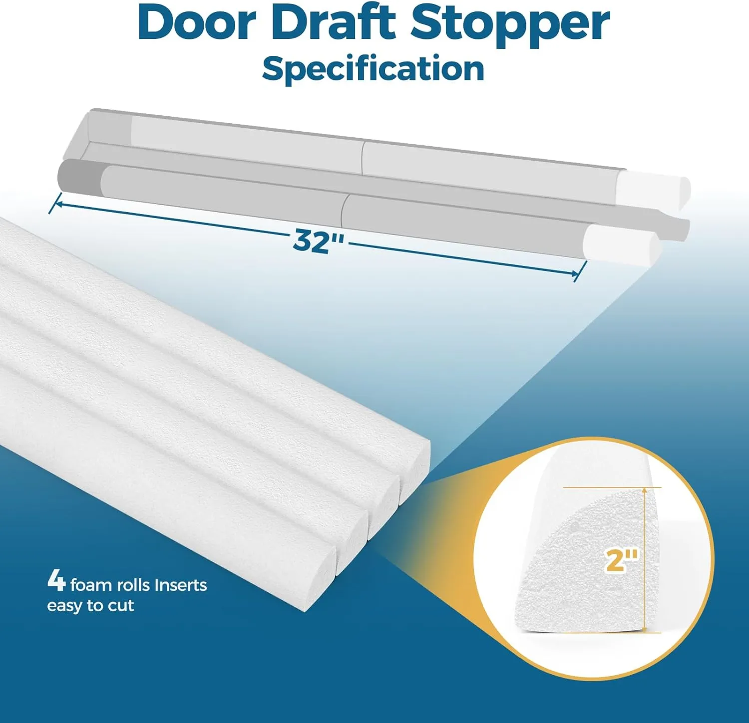 Door Draft Stopper 32 Inch, Under Door Gap Filler Bottom, Adjustable 26'' to 32'' Noise Blocker Soundproof Seal Gap up to 1.7'' Door Sweep, Machine Washable, Grey
