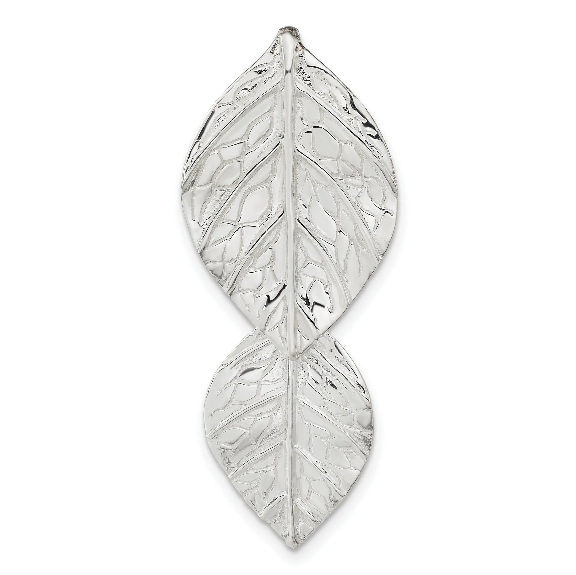 Double Leaf Textured Chain Slide Charm Pendant in Real 925 Sterling Silver