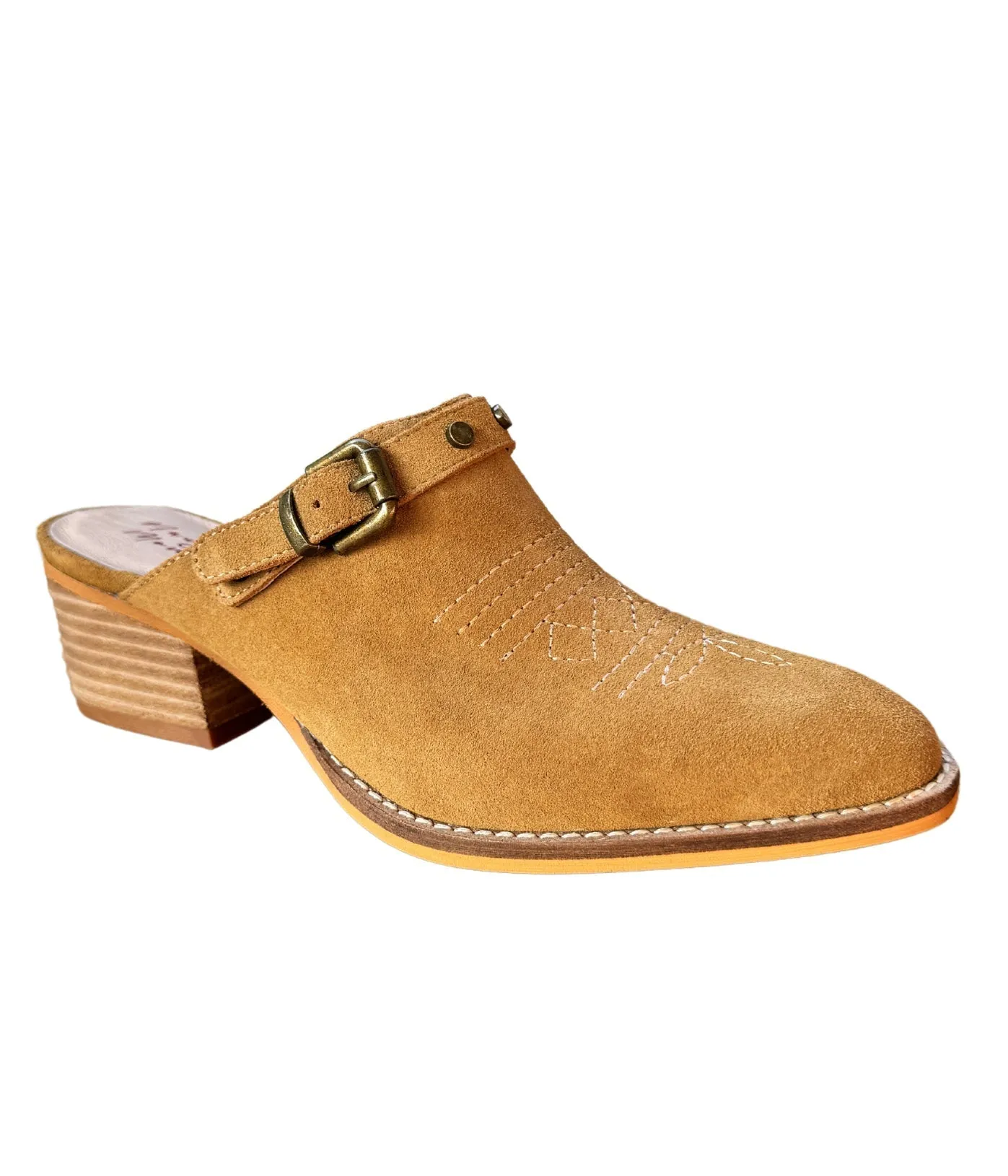 Drancy Western Mule - Embroidered Toe, Studded Harness, Genuine Leather, 1.5 Inch Heel, Tan
