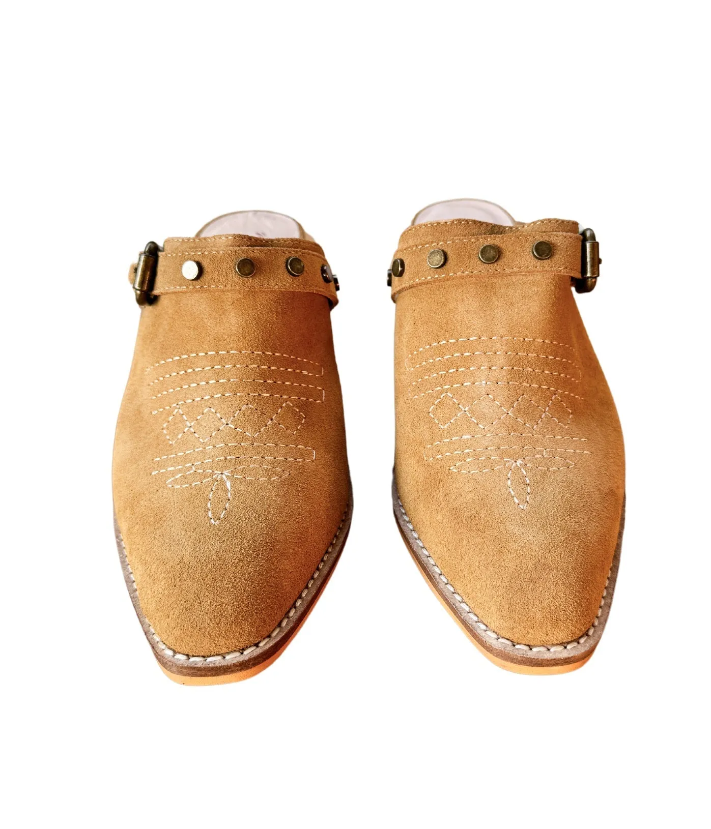 Drancy Western Mule - Embroidered Toe, Studded Harness, Genuine Leather, 1.5 Inch Heel, Tan